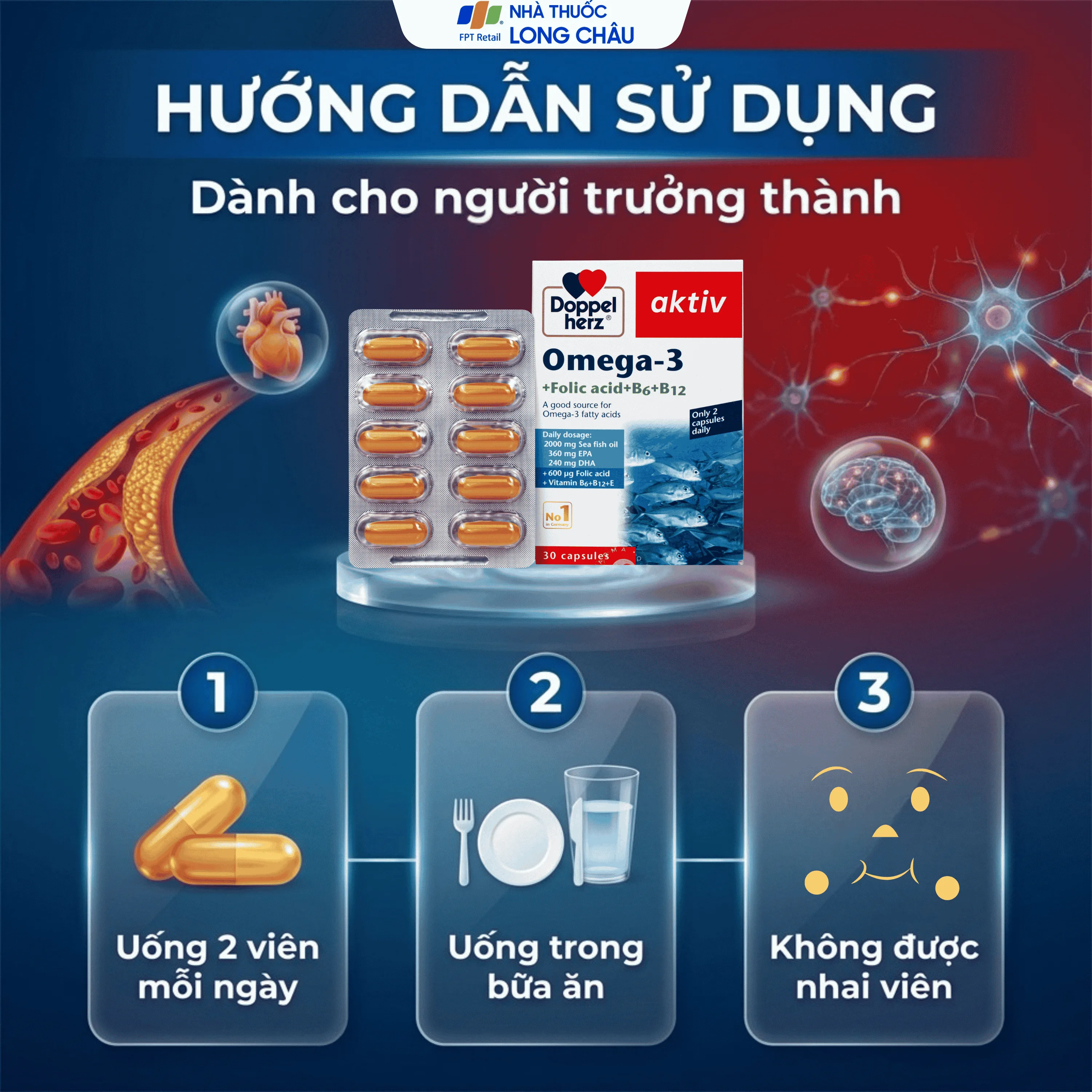 Hình ảnh Viên uống hỗ trợ mạch máu khỏe mạnh Omega-3 + Folic acid + B6 + B12 (3 vỉ x 10 viên)