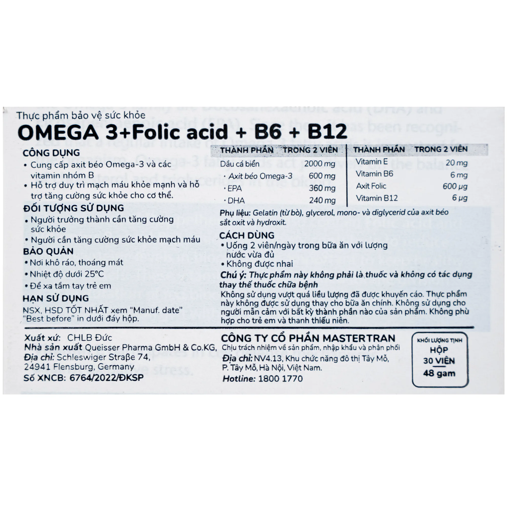 Hình ảnh Viên uống hỗ trợ mạch máu khỏe mạnh Omega-3 + Folic acid + B6 + B12 (3 vỉ x 10 viên)
