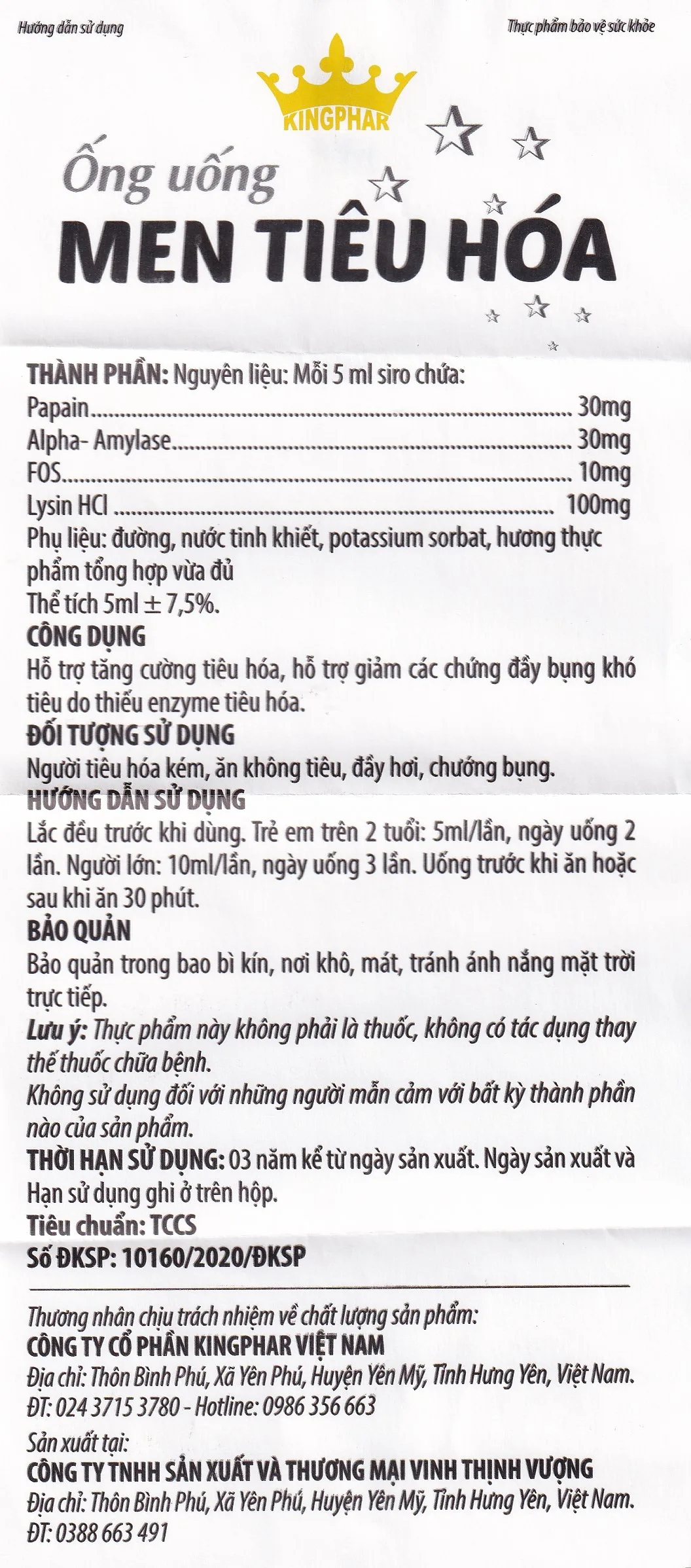 Hình ảnh Ống uống Men Tiêu Hóa Kingphar hỗ trợ giảm đầy bụng, ợ hơi, khó tiêu (10 ống x 5ml)