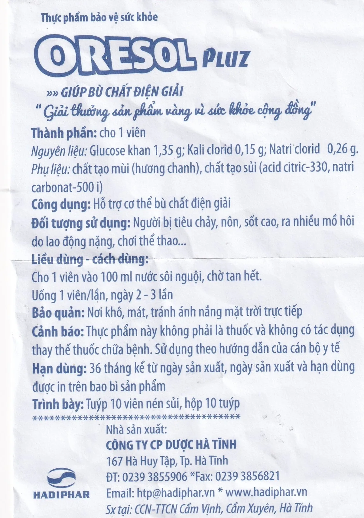Hình ảnh Viên sủi Oresol Pluz Hadiphar giúp bù chất điện giải (10 viên)