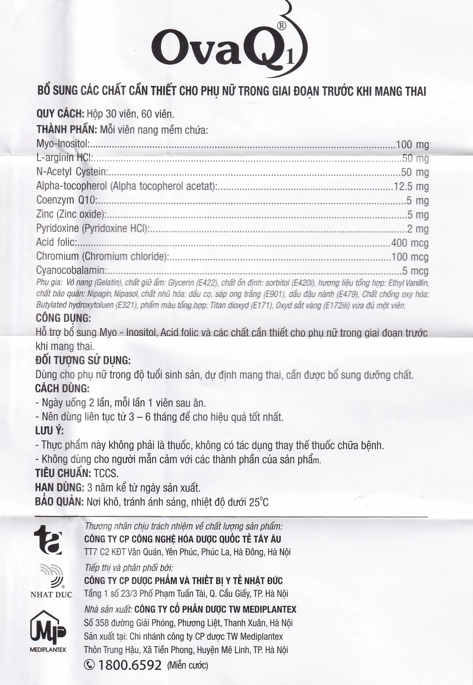 Hình ảnh Viên uống OvaQ1 hỗ trợ bổ sung Myo Inositol, Acid folic và các chất cần thiết cho phụ nữ trước khi mang thai (3 vỉ x 10 viên)
