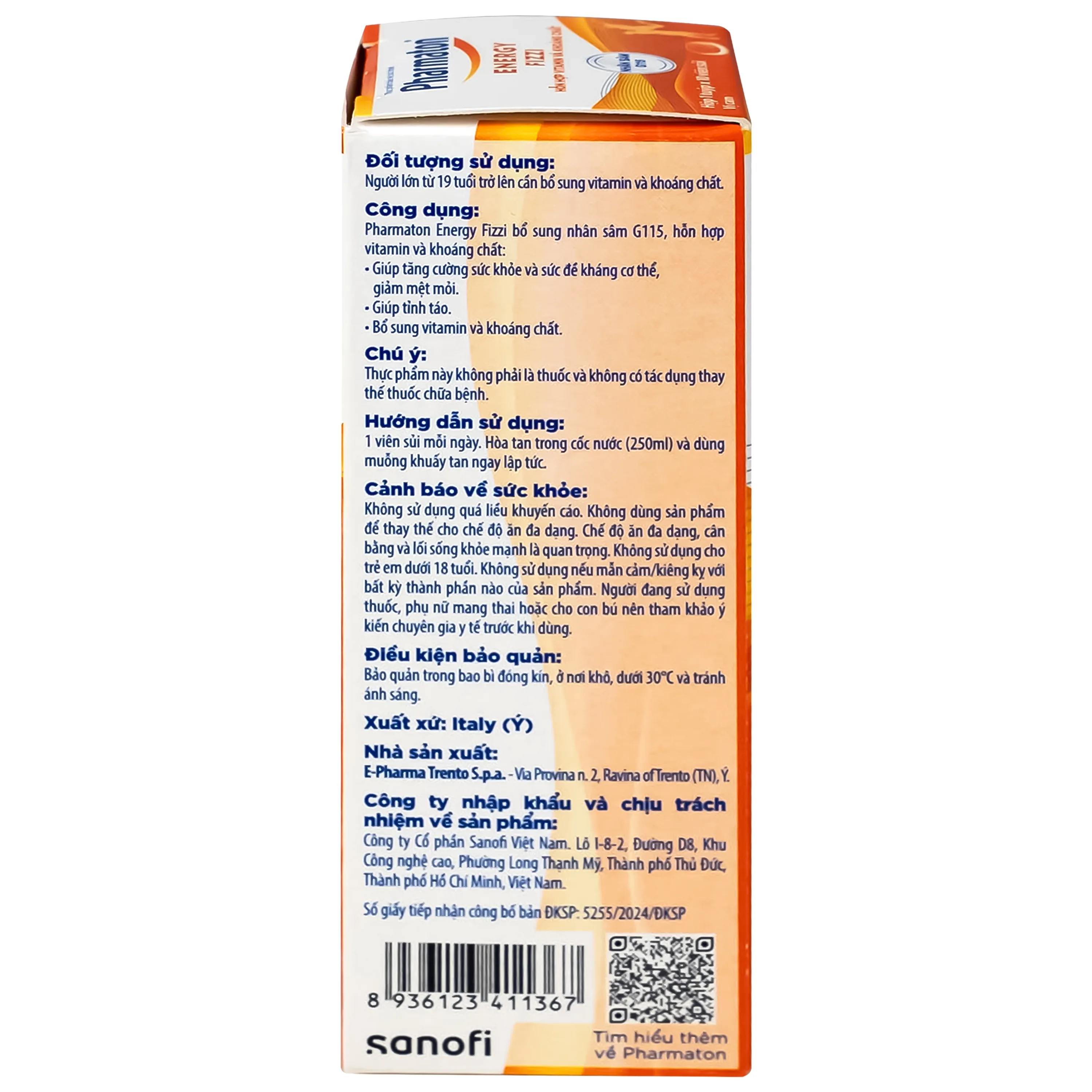 Hình ảnh Thực phẩm bảo vệ sức khỏe Pharmaton Energy Fizzi Sanofi giúp tăng cường sức khỏe, sức đề kháng và giảm mệt mỏi (10 viên)