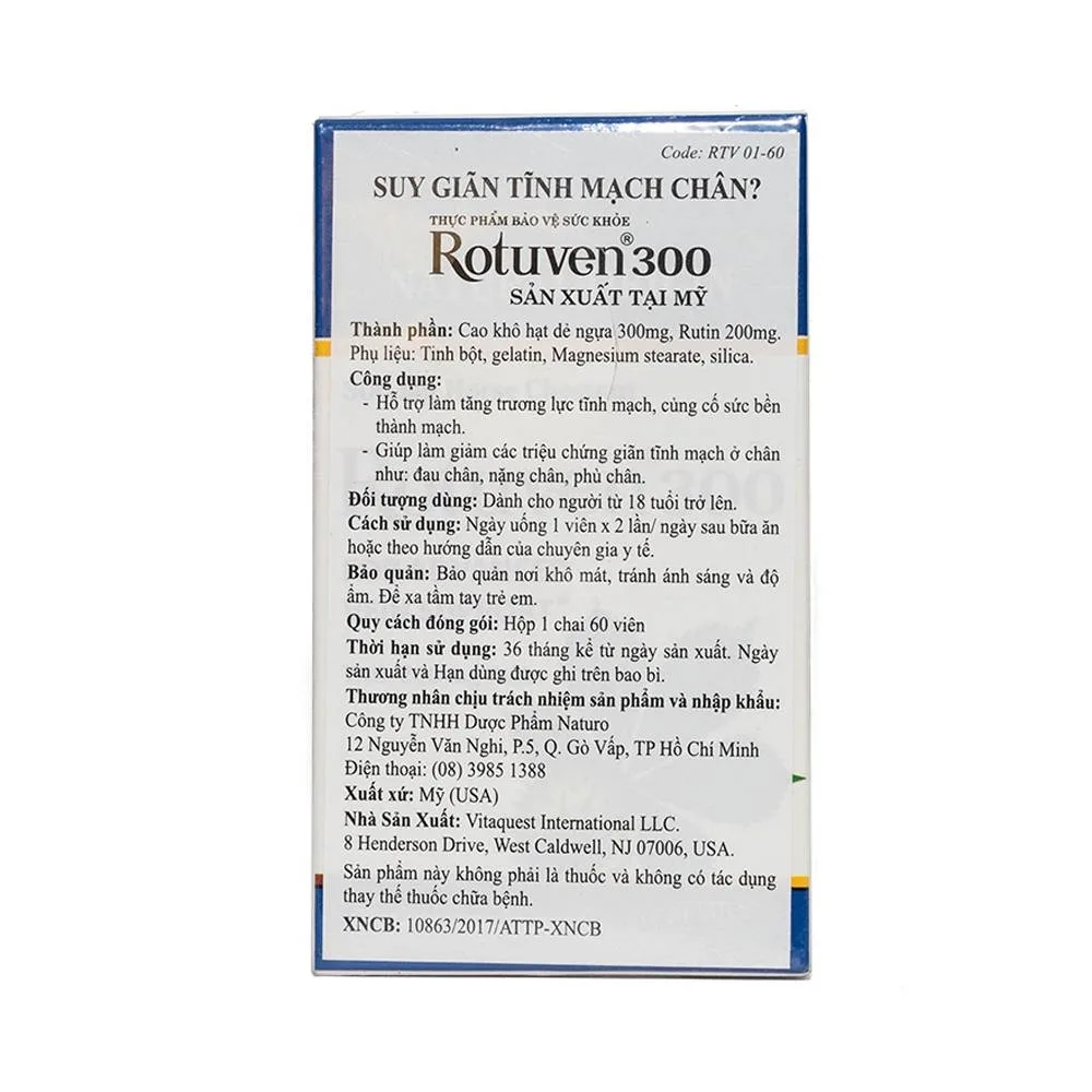 Hình ảnh Viên uống Rotuven 300 Garden State Nutritionals điều trị suy giãn tĩnh mạch chân (60 viên)