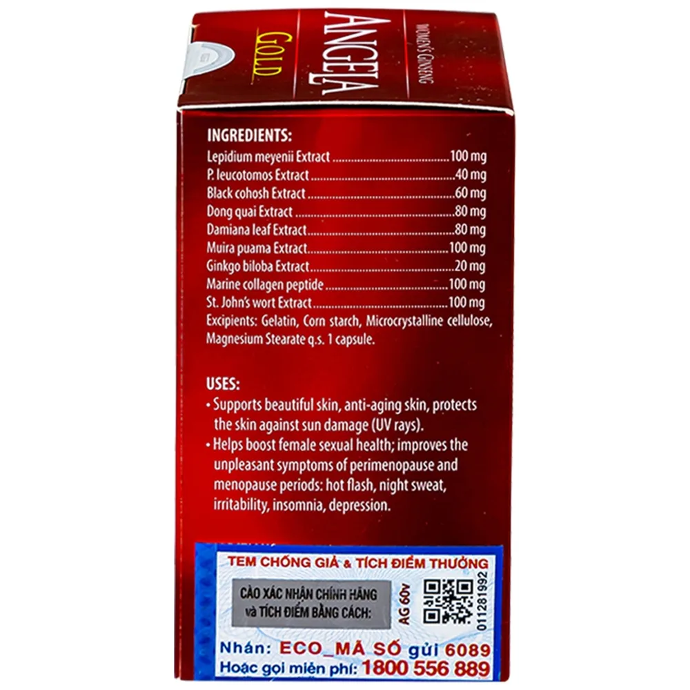 Hình ảnh Viên uống sâm Angela Gold Ecogreen làn da căng sáng, tăng cường sinh lý nữ (60 viên)