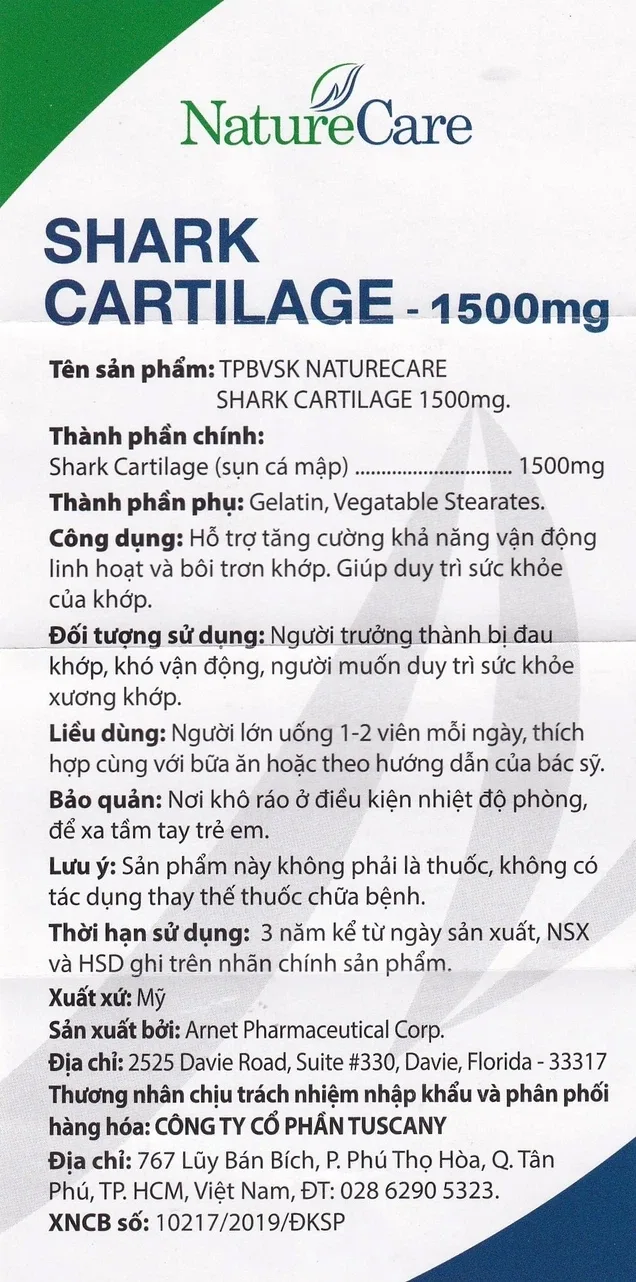 Hình ảnh Viên uống Shark Cartilage NatureCare hỗ trợ tăng cường khả năng vận động linh hoạt và bôi trơn khớp (Hộp 60 viên)