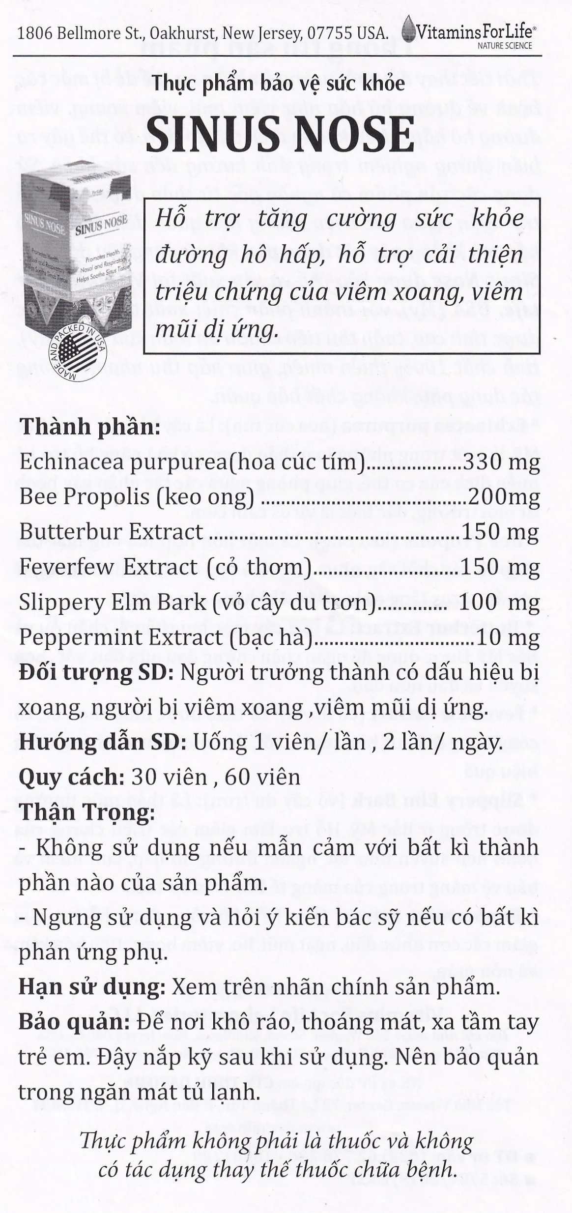 Hình ảnh Viên uống Sinus Nose Vitamins For Life hỗ trợ tăng cường sức khỏe đường hô hấp (60 viên)
