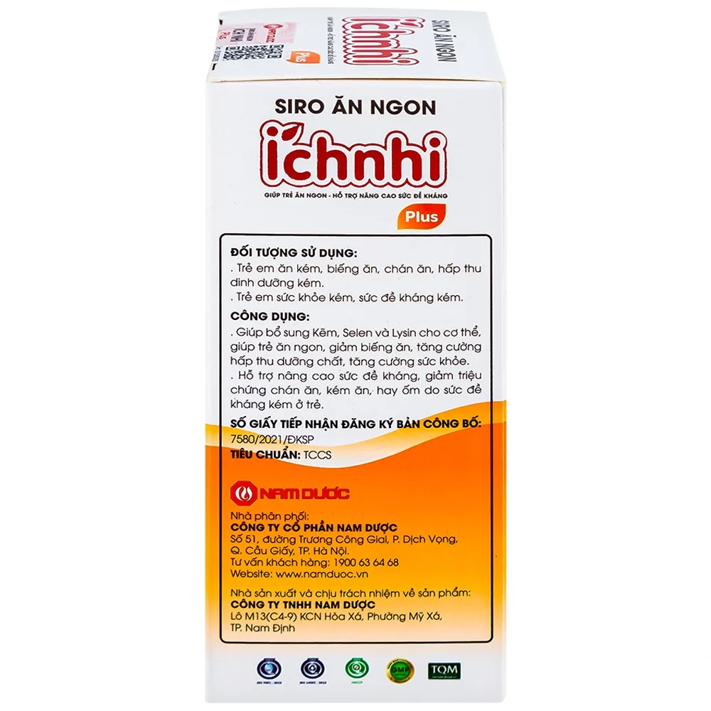 Hình ảnh Siro Ích Nhi Plus Nam Dược bổ sung kẽm, seien và lysin giúp trẻ ăn ngon (100ml)