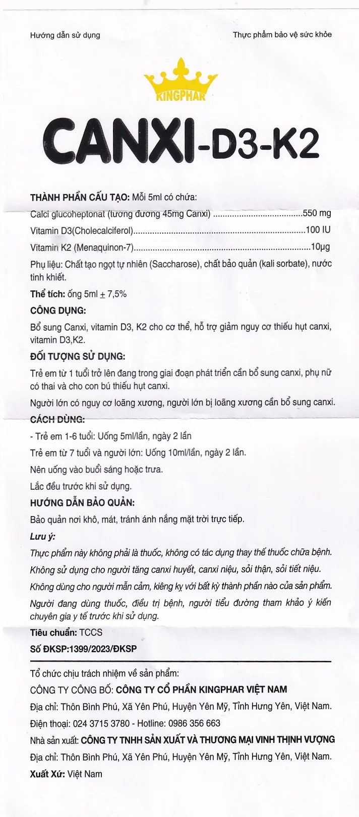 Hình ảnh Siro ống uống Canxi-D3-K2 5ml Kingphar bổ sung canxi & vitamin D3 cho cơ thể (6 vỉ x 5 ống)