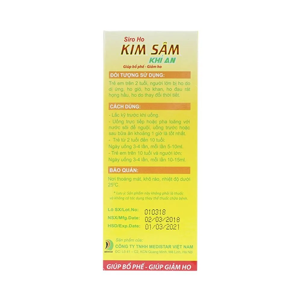 Hình ảnh Siro Ho Kim Sâm Khí An Medistar giúp bổ phối, giảm rát họng (120ml)
