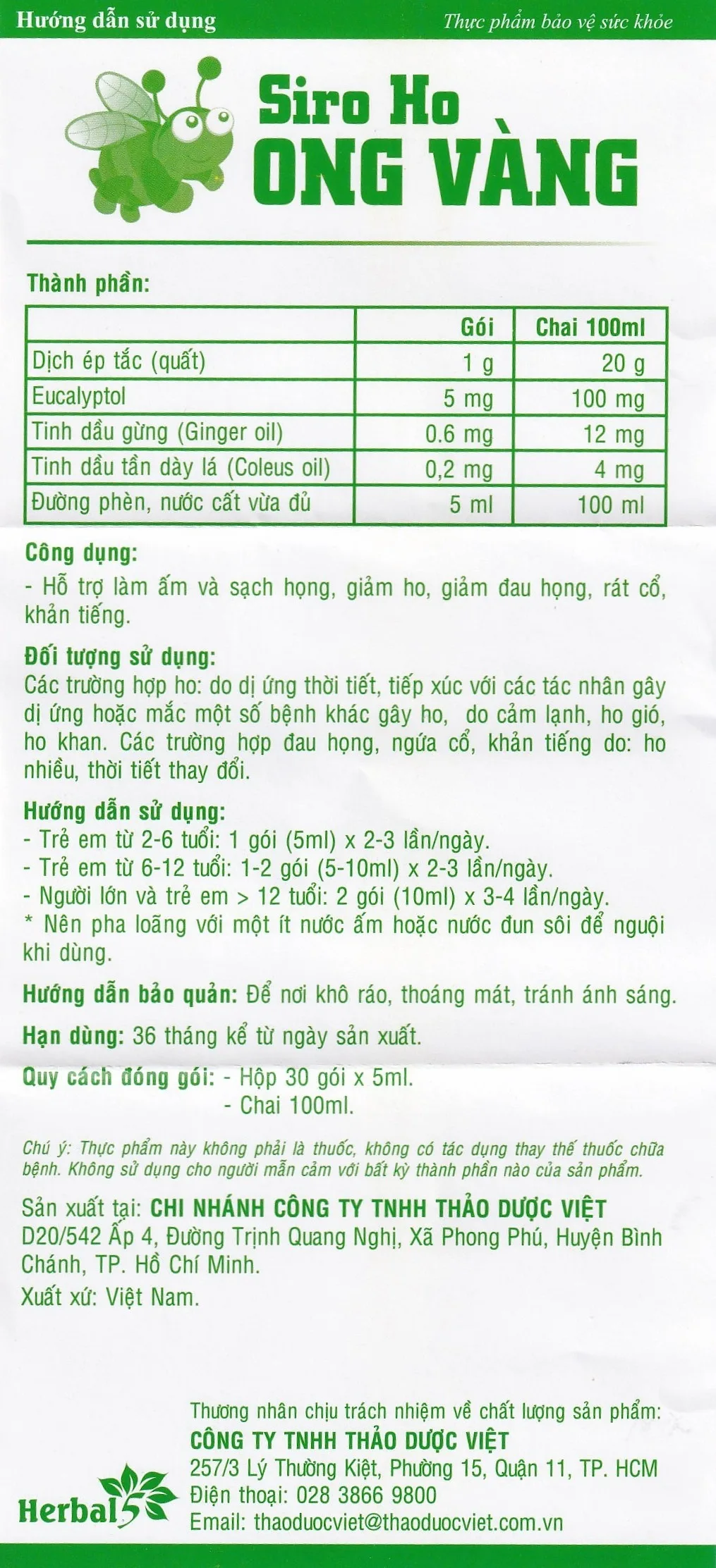Hình ảnh Siro ho Ong Vàng Thảo Dược Việt hỗ trợ làm ấm và sạch họng, giảm ho (30 gói x 5ml)