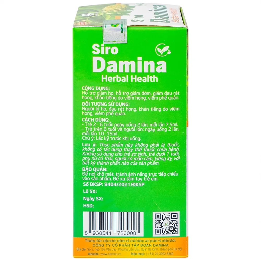 Hình ảnh Siro Damina Herbal Health hỗ trợ giảm ho, giảm đờm, ngăn đau rát họng (100ml)