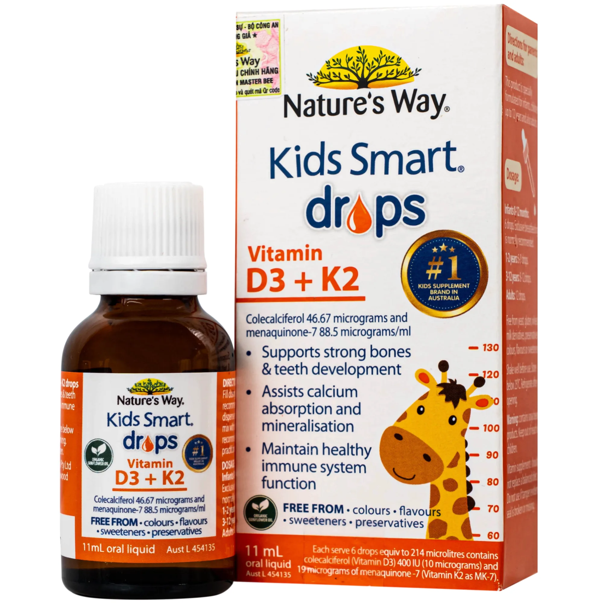 Hình ảnh Siro hỗ trợ hấp thu canxi, giúp xương, răng chắc khỏe Nature's Way Kids Smart Drops Vitamin D3+K2 (Hộp 11ml)