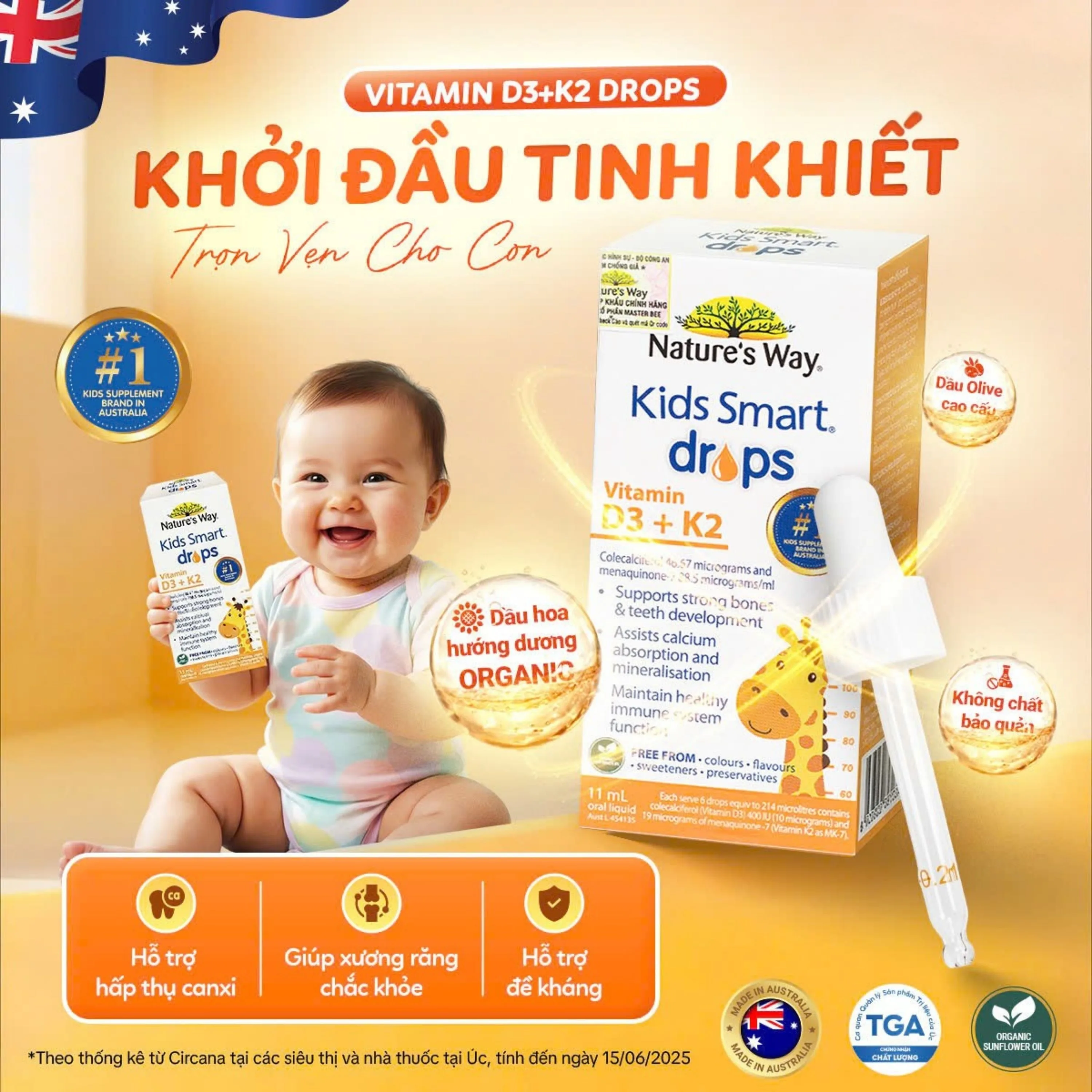 Hình ảnh Siro hỗ trợ hấp thu canxi, giúp xương, răng chắc khỏe Nature's Way Kids Smart Drops Vitamin D3+K2 (Hộp 11ml)