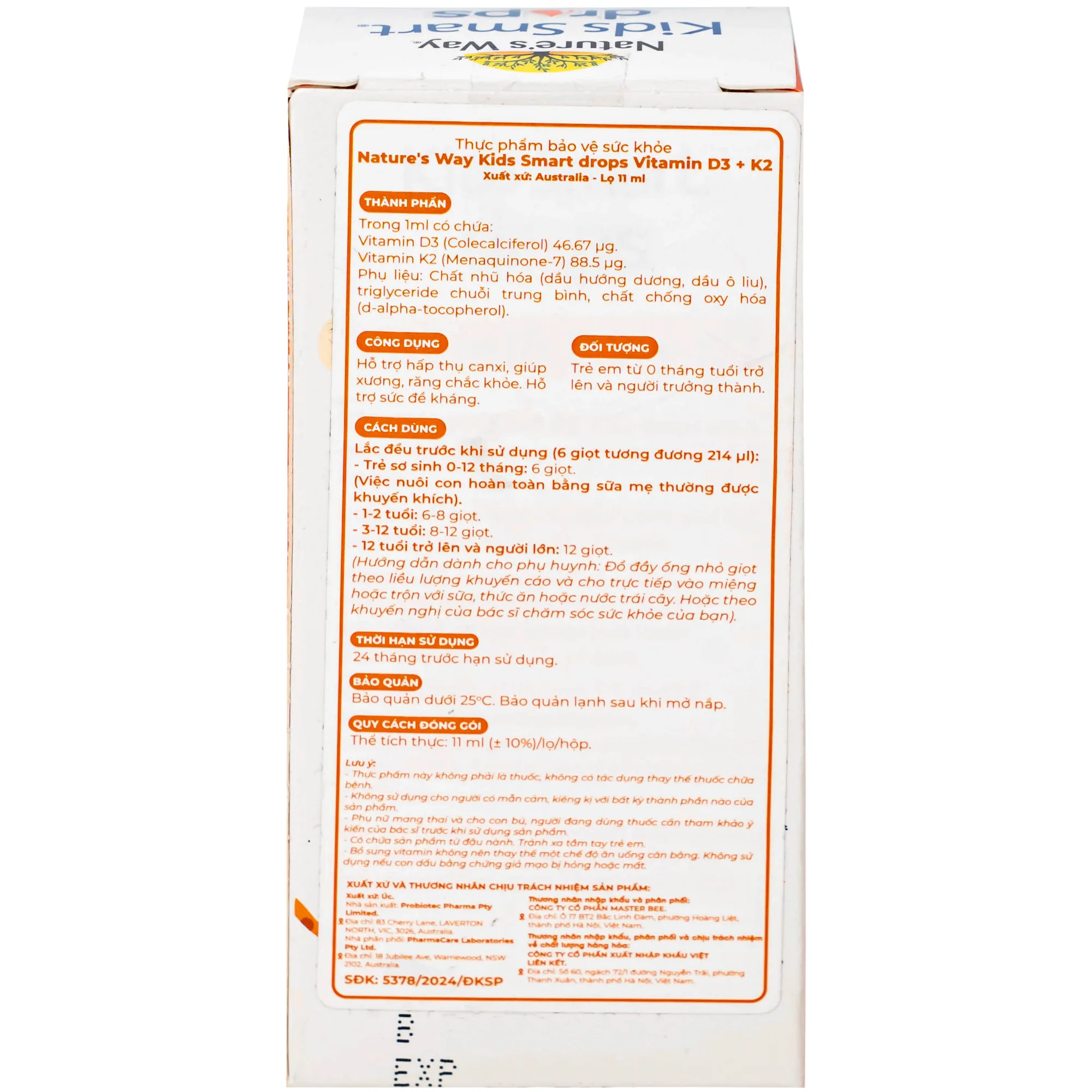 Hình ảnh Siro hỗ trợ hấp thu canxi, giúp xương, răng chắc khỏe Nature's Way Kids Smart Drops Vitamin D3+K2 (Hộp 11ml)