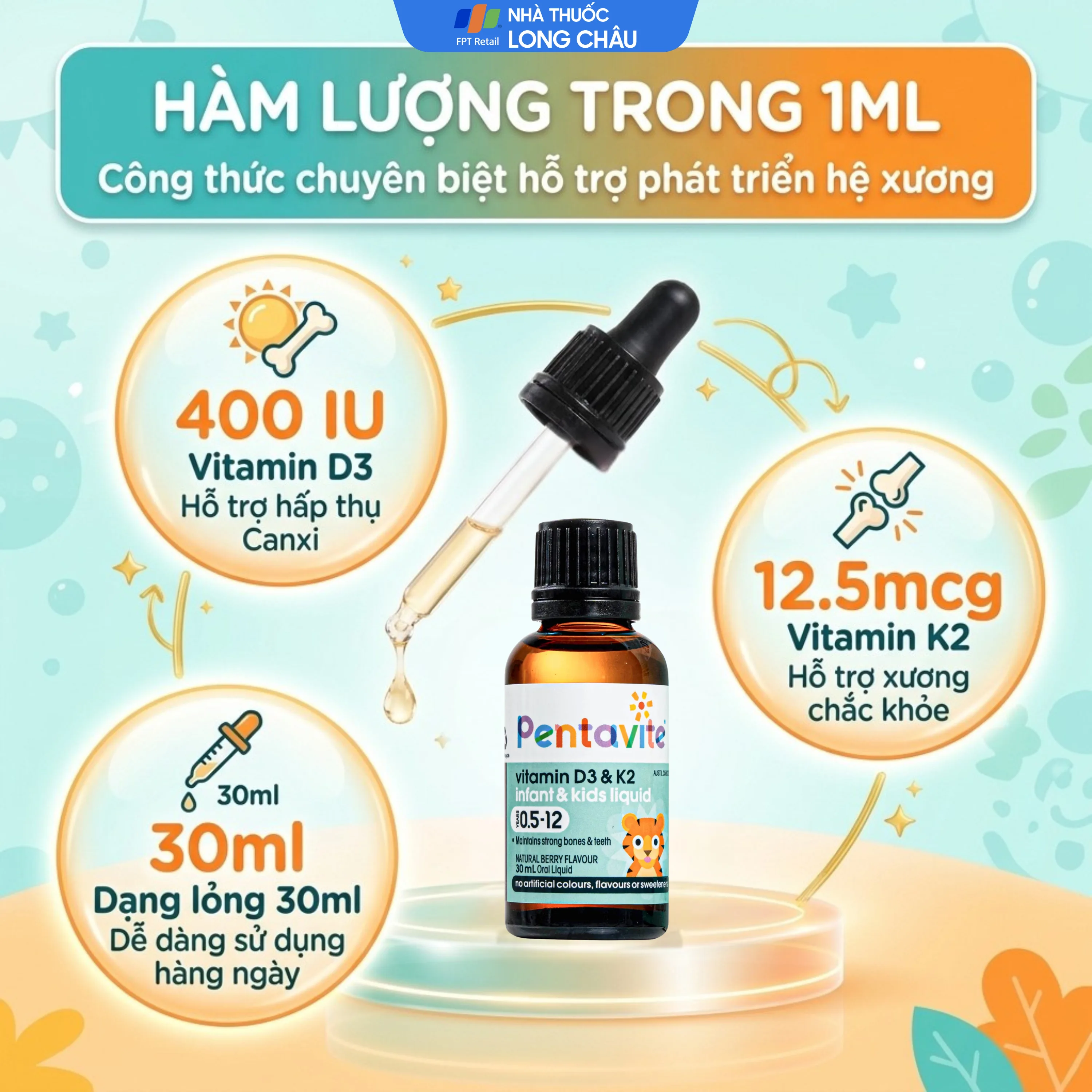 Hình ảnh Siro hỗ trợ xương và răng chắc khoẻ Pentavite Vitamin D3 & K2 Infant & Kid liquid 30ml