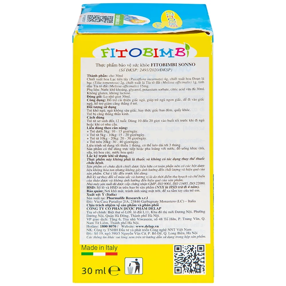 Hình ảnh Dung dịch Fitobimbi Sonno Pharmalife hỗ trợ cải thiện giấc ngủ (30ml)