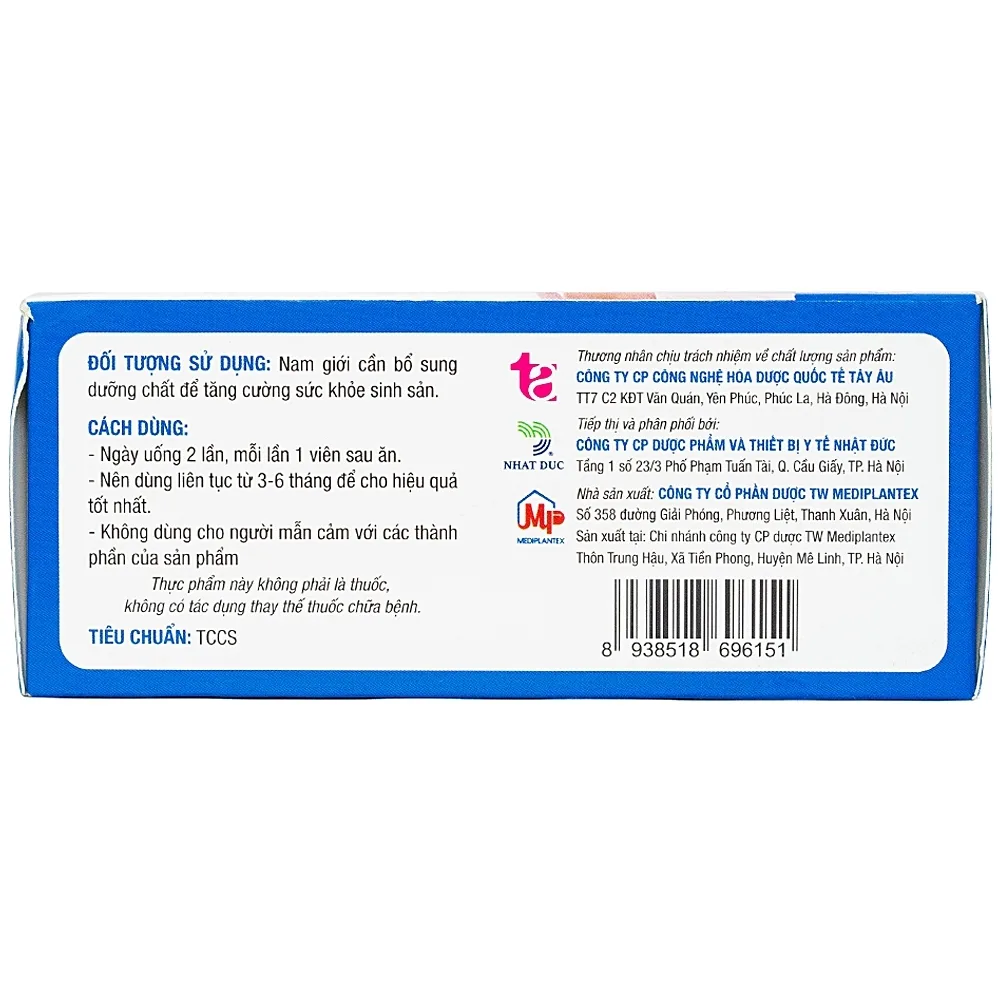 Hình ảnh Viên uống SpermQ Tây Âu tăng cường sức khỏe sinh sản cho nam giới (6 vỉ x 10 viên)