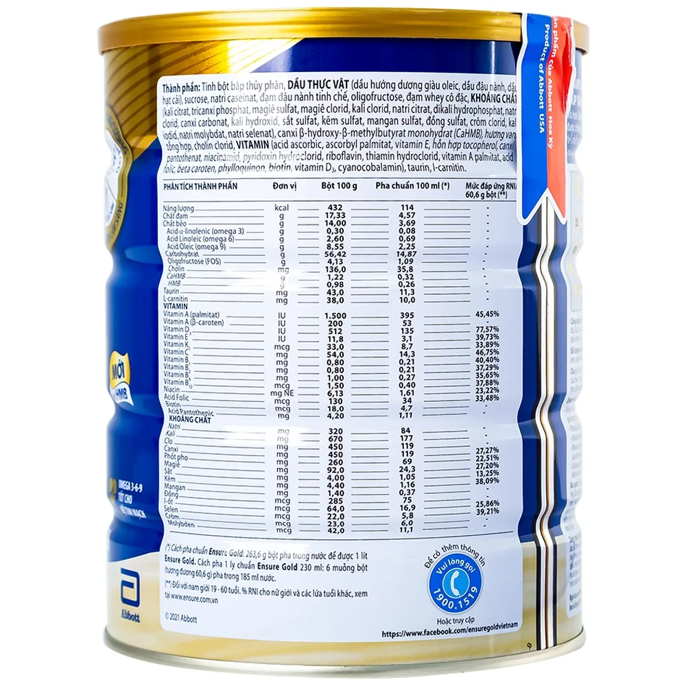 Hình ảnh Sữa bột Ensure Gold Abbott hương vani bổ sung dinh dưỡng, vitamin, khoáng chất cho cơ thể (850g) 
