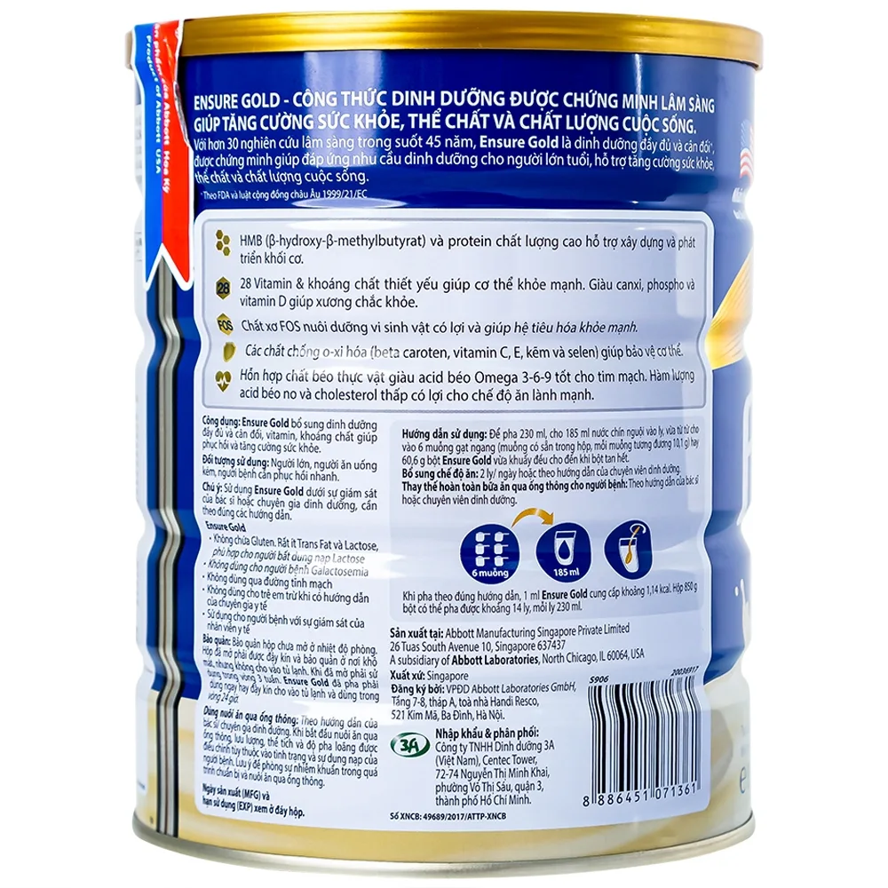 Hình ảnh Sữa bột Ensure Gold Abbott hương vani bổ sung dinh dưỡng, vitamin, khoáng chất cho cơ thể (850g) 