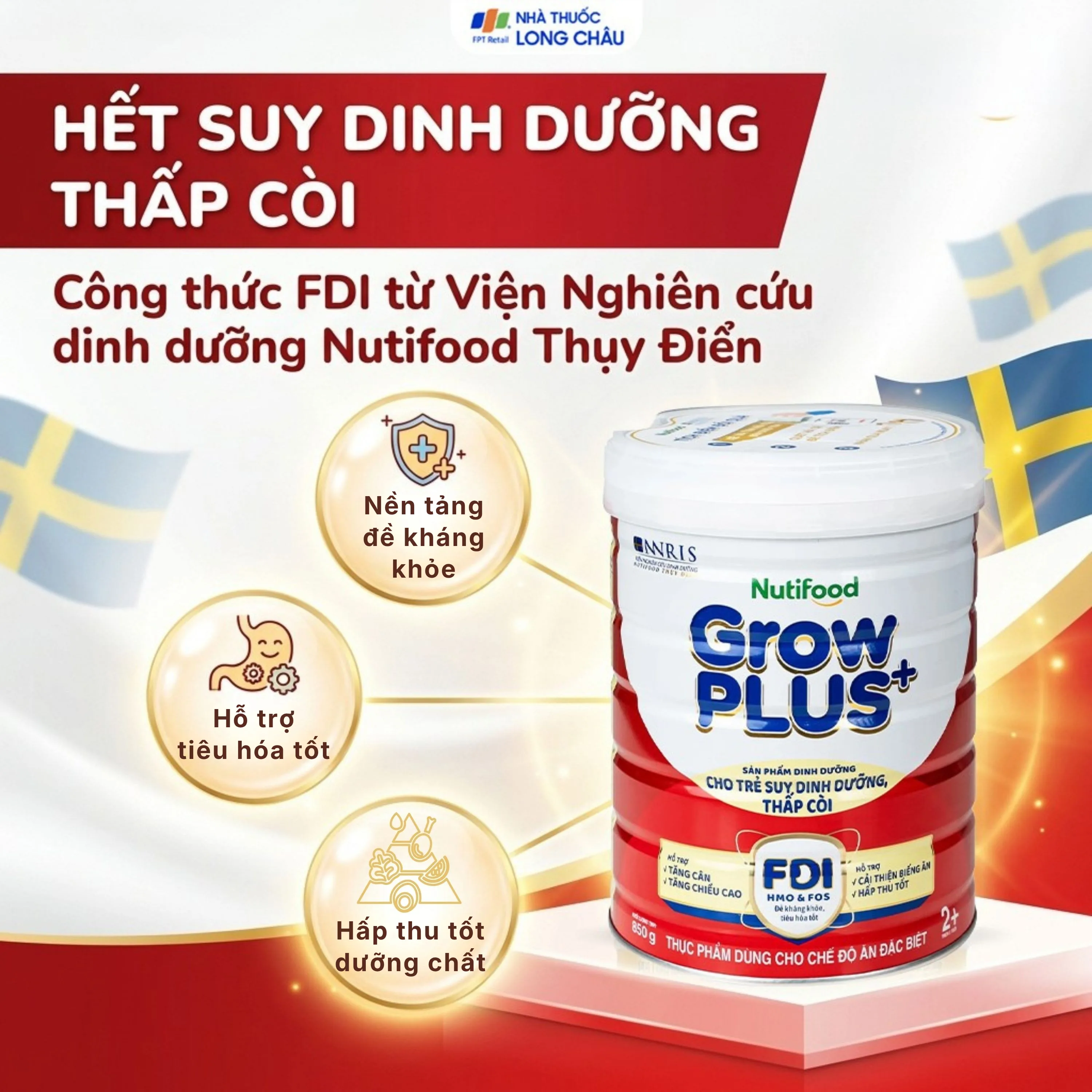 Hình ảnh Sữa cho trẻ suy dinh dưỡng, thấp còi (đỏ) Nutifood growplus+ 2+ (850g)