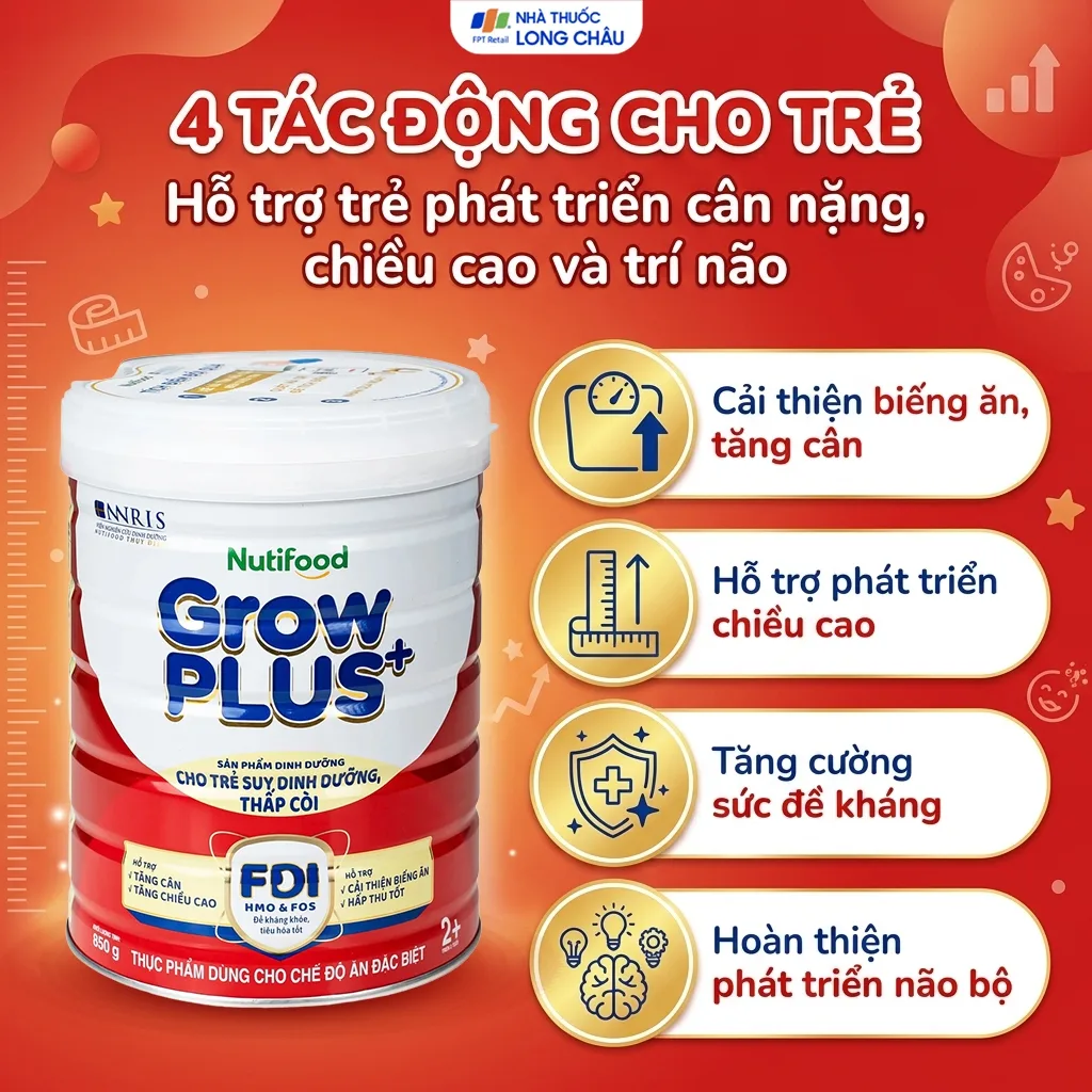 Hình ảnh Sữa cho trẻ suy dinh dưỡng, thấp còi (đỏ) Nutifood growplus+ 2+ (850g)