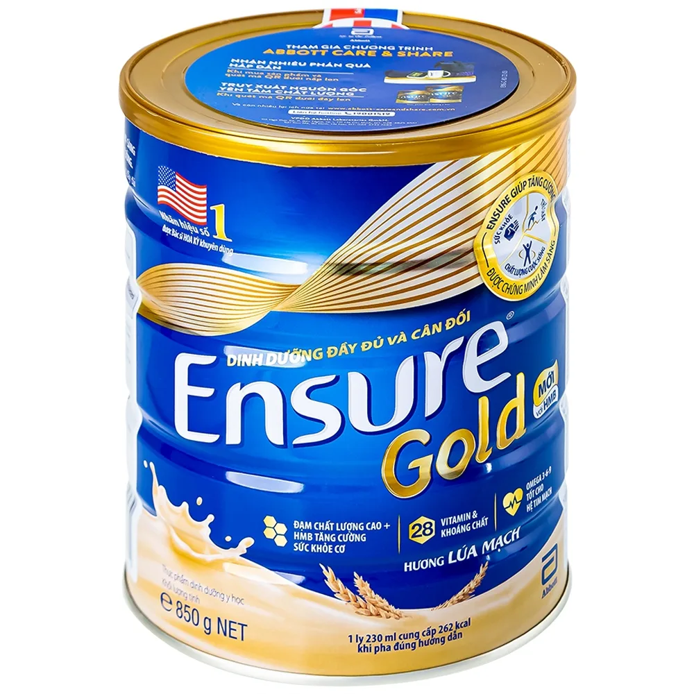 Hình ảnh Sữa bột Ensure Gold Abbott hương lúa mạch bổ sung dinh dưỡng, vitamin, khoáng chất cho cơ thể (850g) 