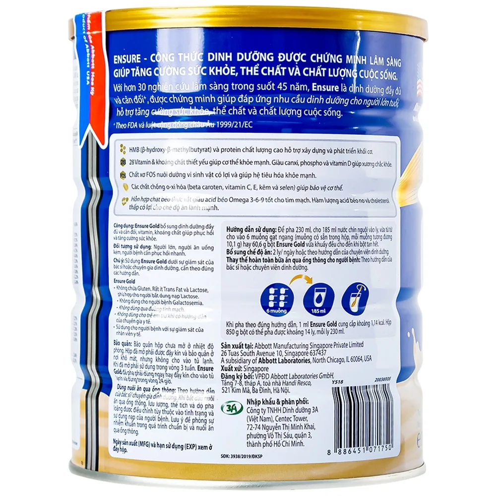 Hình ảnh Sữa bột Ensure Gold Abbott hương lúa mạch bổ sung dinh dưỡng, vitamin, khoáng chất cho cơ thể (850g) 