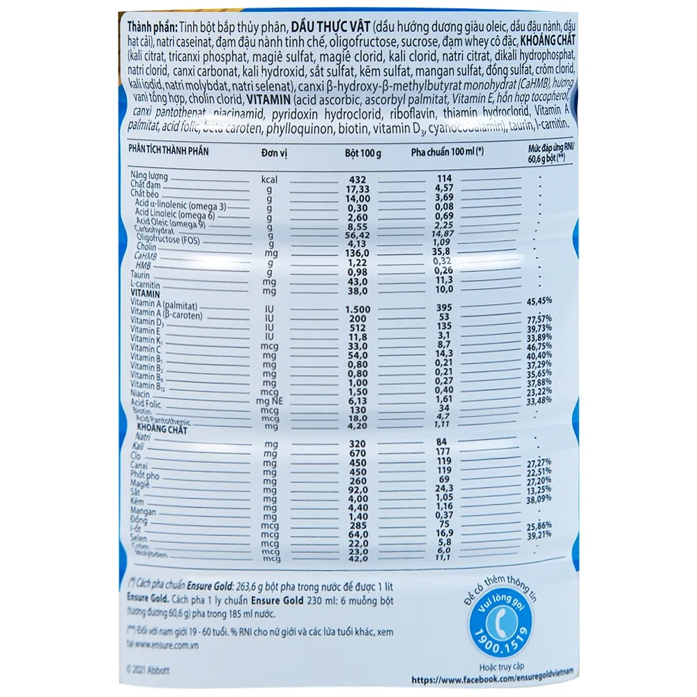 Hình ảnh Sữa Abbott Ensure Gold hương vani ít ngọt bổ sung dinh dưỡng đầy đủ, vitamin (850g)