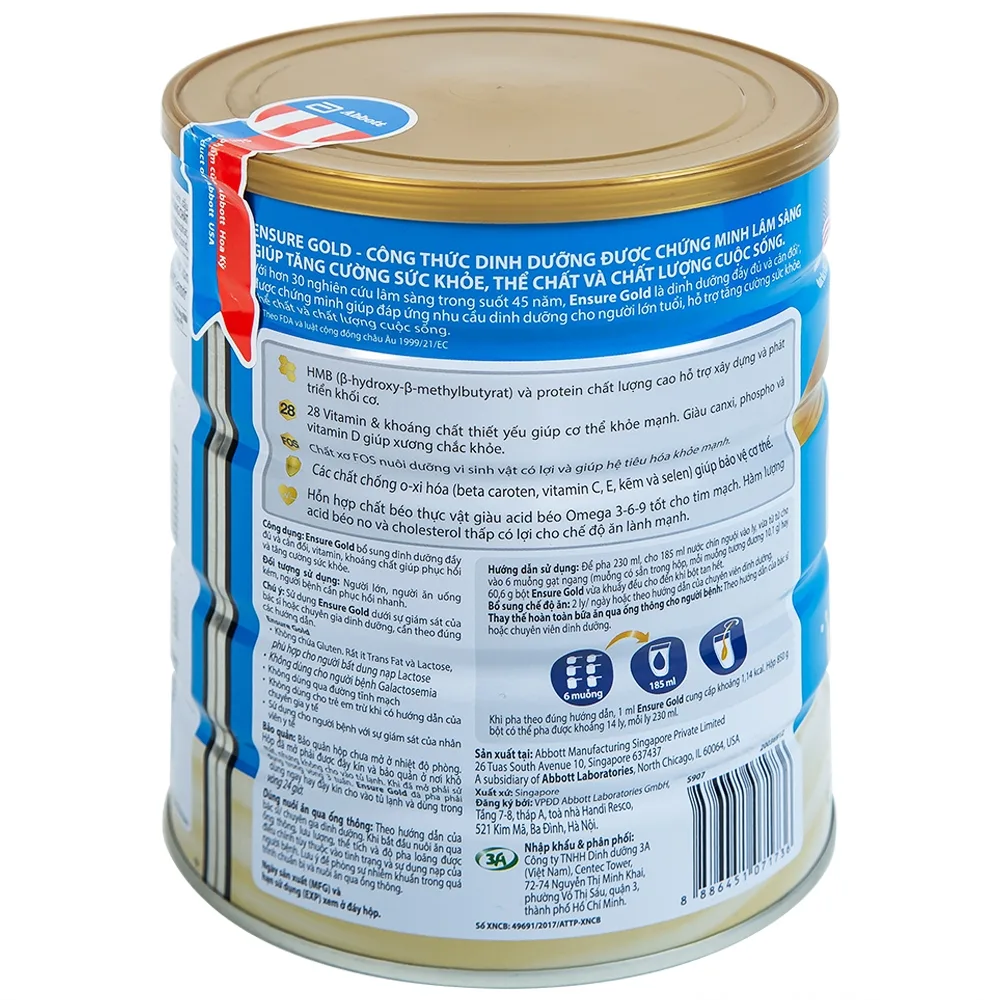 Hình ảnh Sữa Abbott Ensure Gold hương vani ít ngọt bổ sung dinh dưỡng đầy đủ, vitamin (850g)