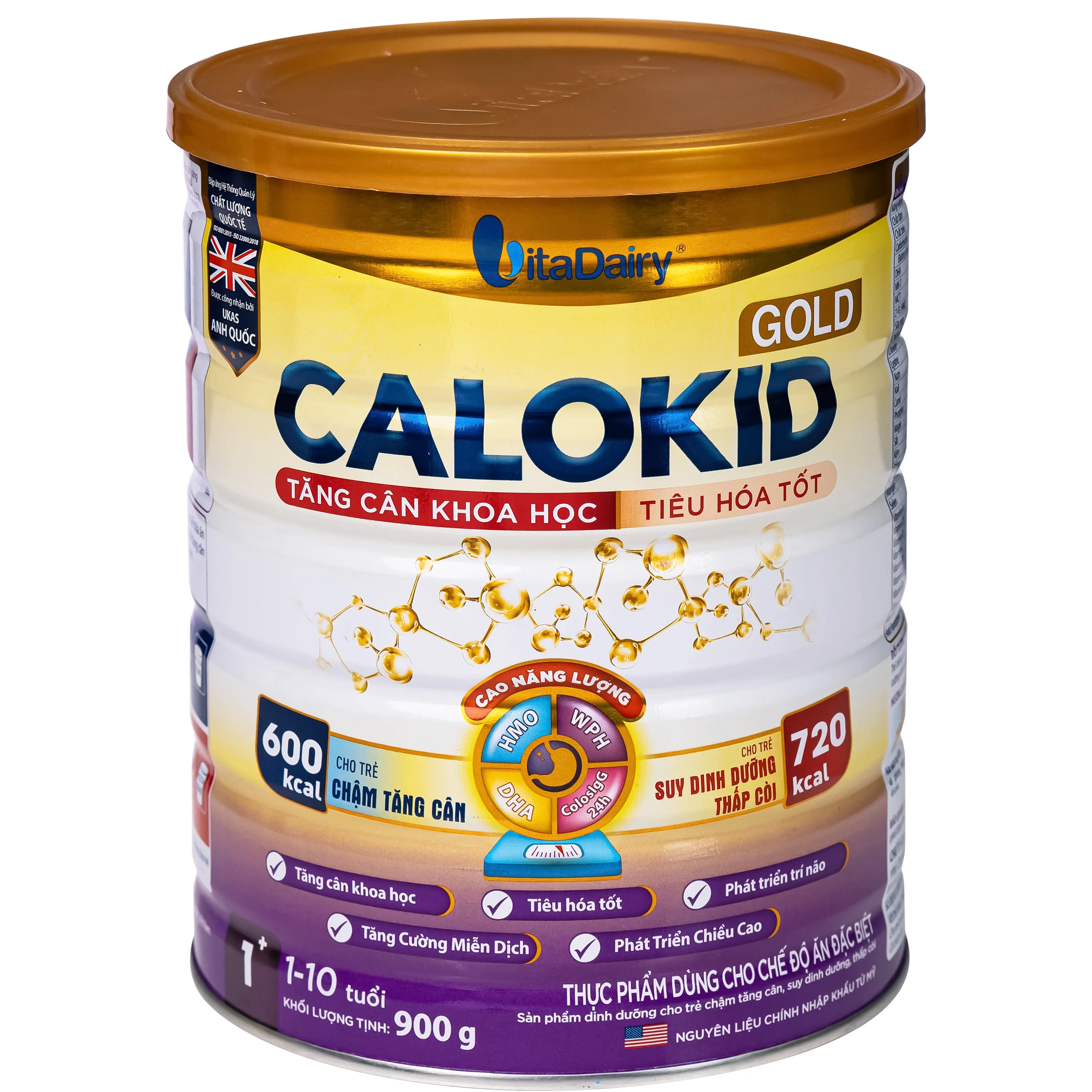Hình ảnh Sữa hỗ trợ tăng cân khoa học và tiêu hóa tốt cho trẻ 1-10 tuổi Calokid Gold Vitadairy (900g)