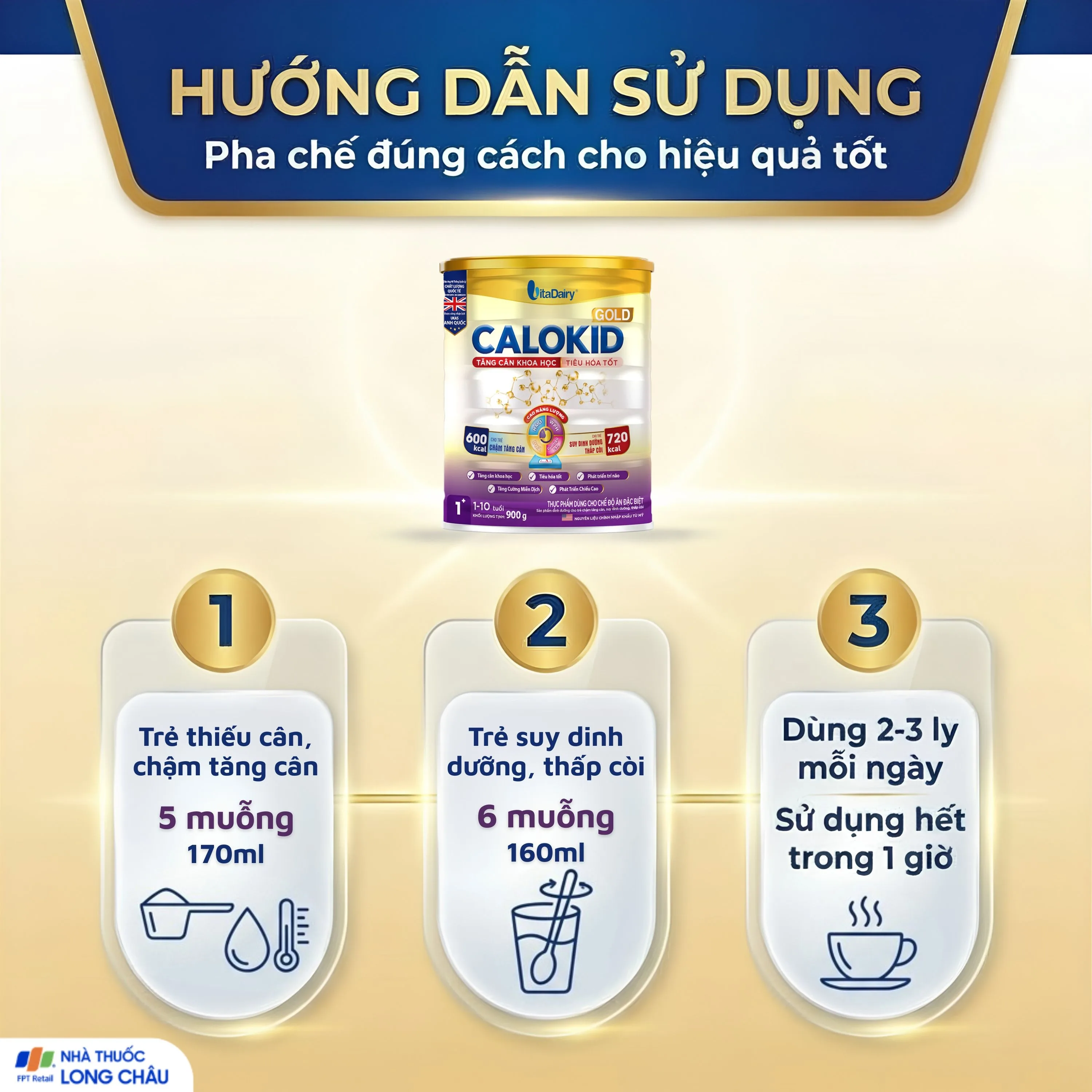 Hình ảnh Sữa hỗ trợ tăng cân khoa học và tiêu hóa tốt cho trẻ 1-10 tuổi Calokid Gold Vitadairy (900g)