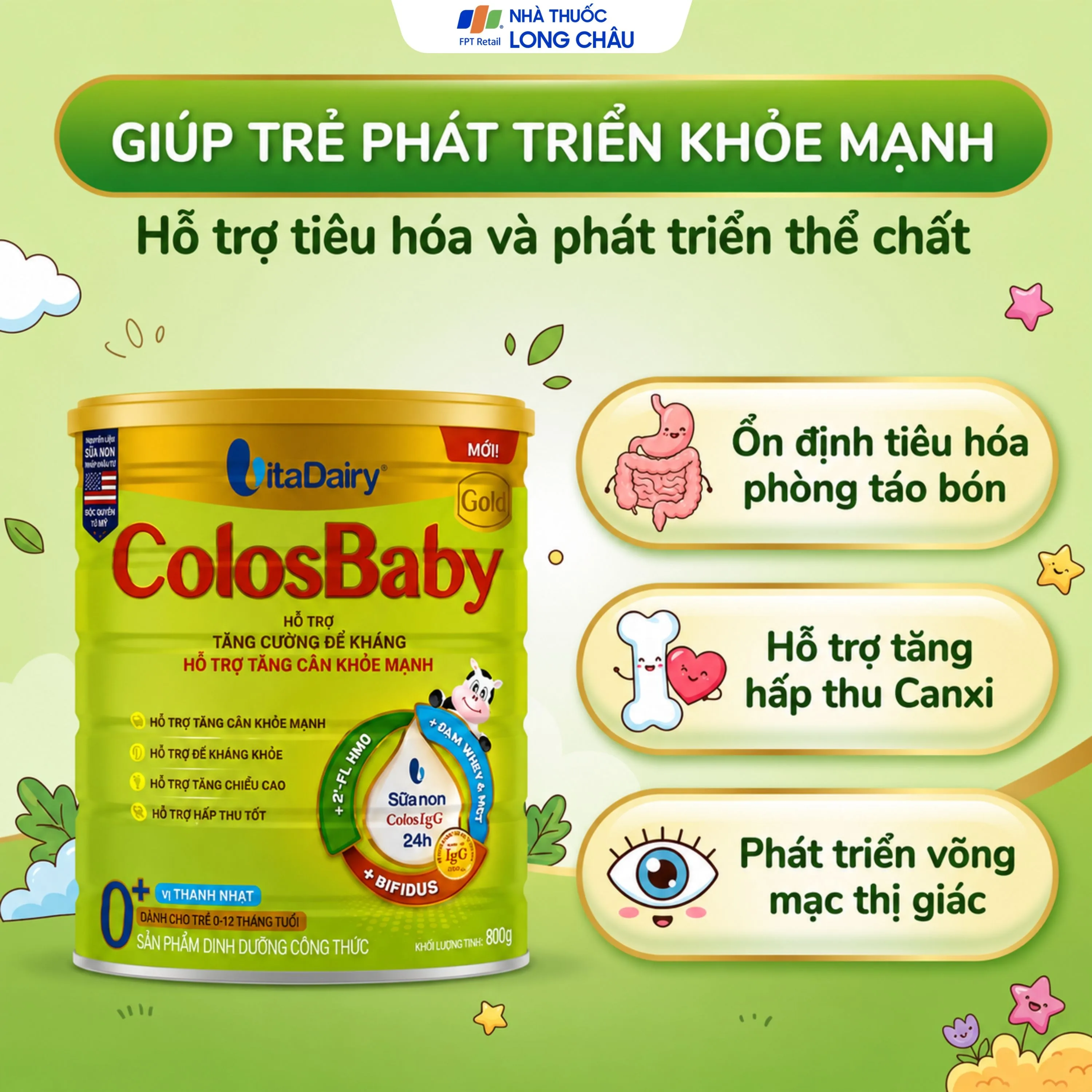 Hình ảnh Sữa hỗ trợ tăng cường đề kháng, tăng cân khỏe mạnh cho trẻ 0-12 tháng tuổi Colosbaby gold 0+ Vitadairy (800g)
