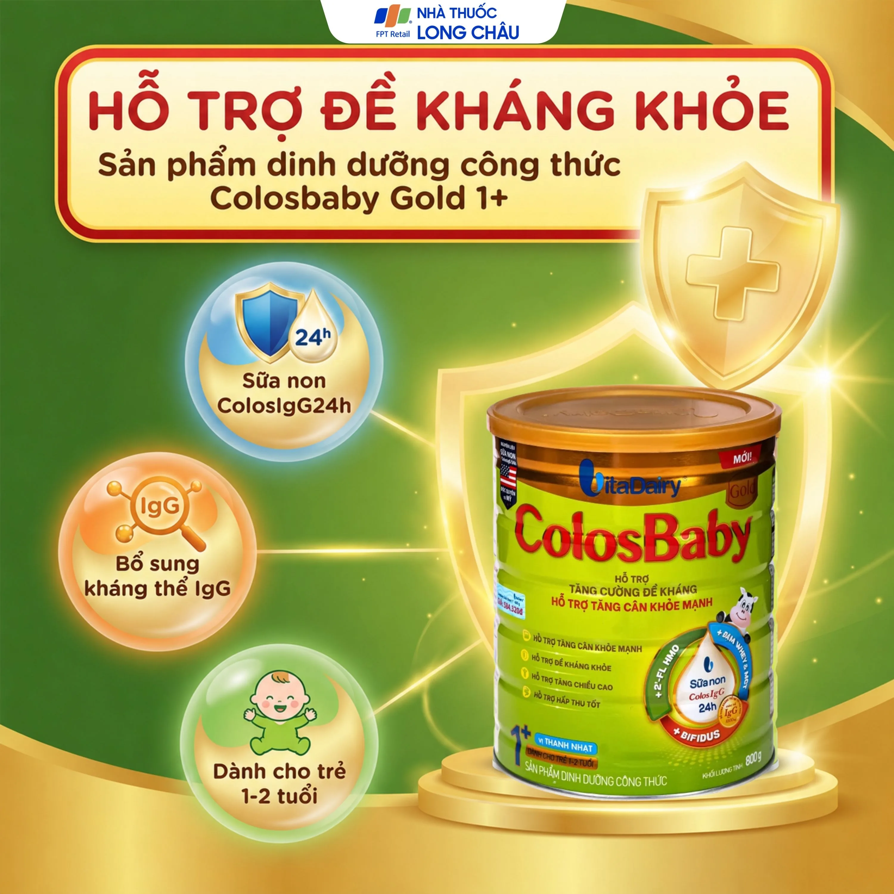 Hình ảnh Sữa hỗ trợ tăng cường đề kháng, tăng cân khỏe mạnh cho trẻ 1-2 tuổi Colosbaby gold 1+ Vitadairy (800g)