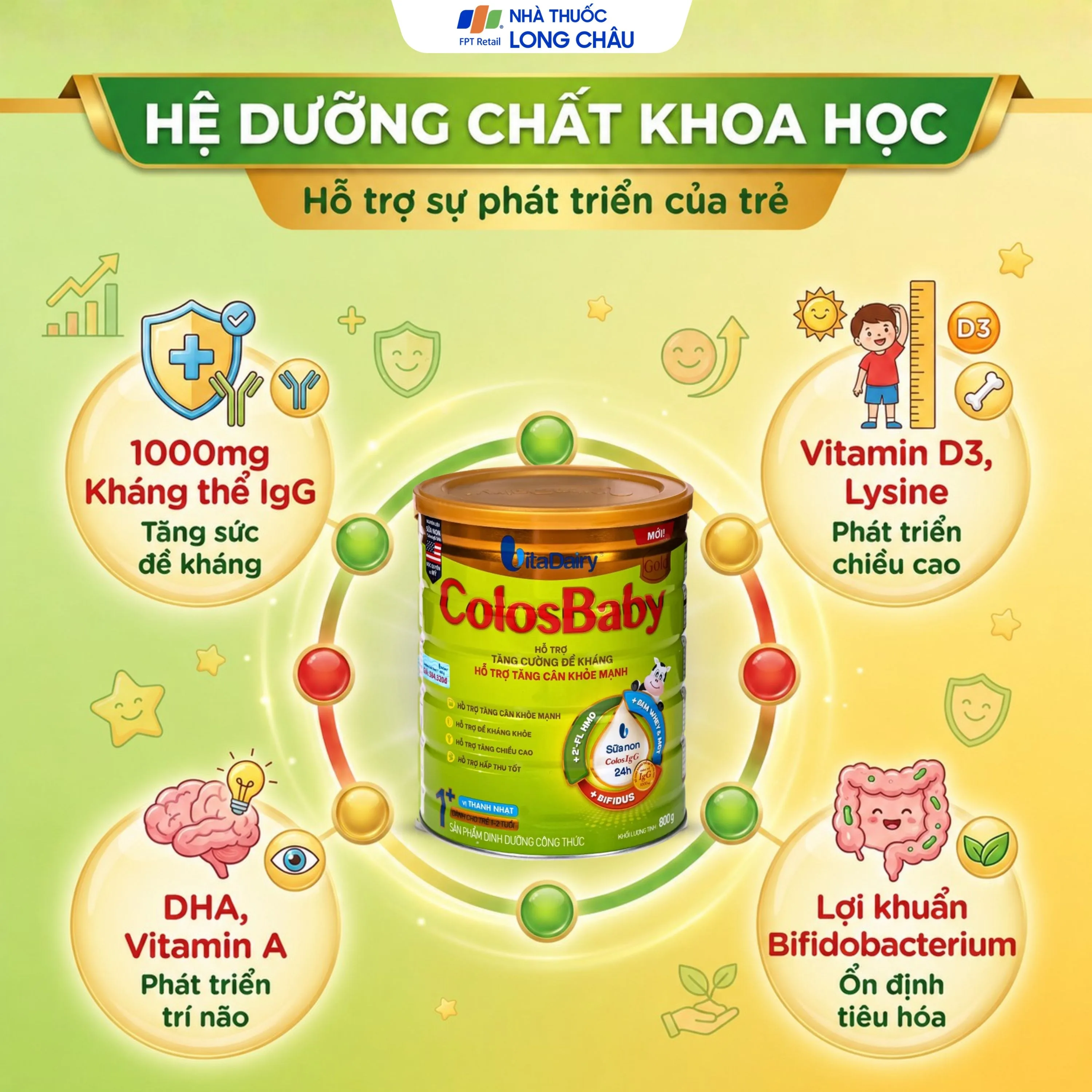 Hình ảnh Sữa hỗ trợ tăng cường đề kháng, tăng cân khỏe mạnh cho trẻ 1-2 tuổi Colosbaby gold 1+ Vitadairy (800g)