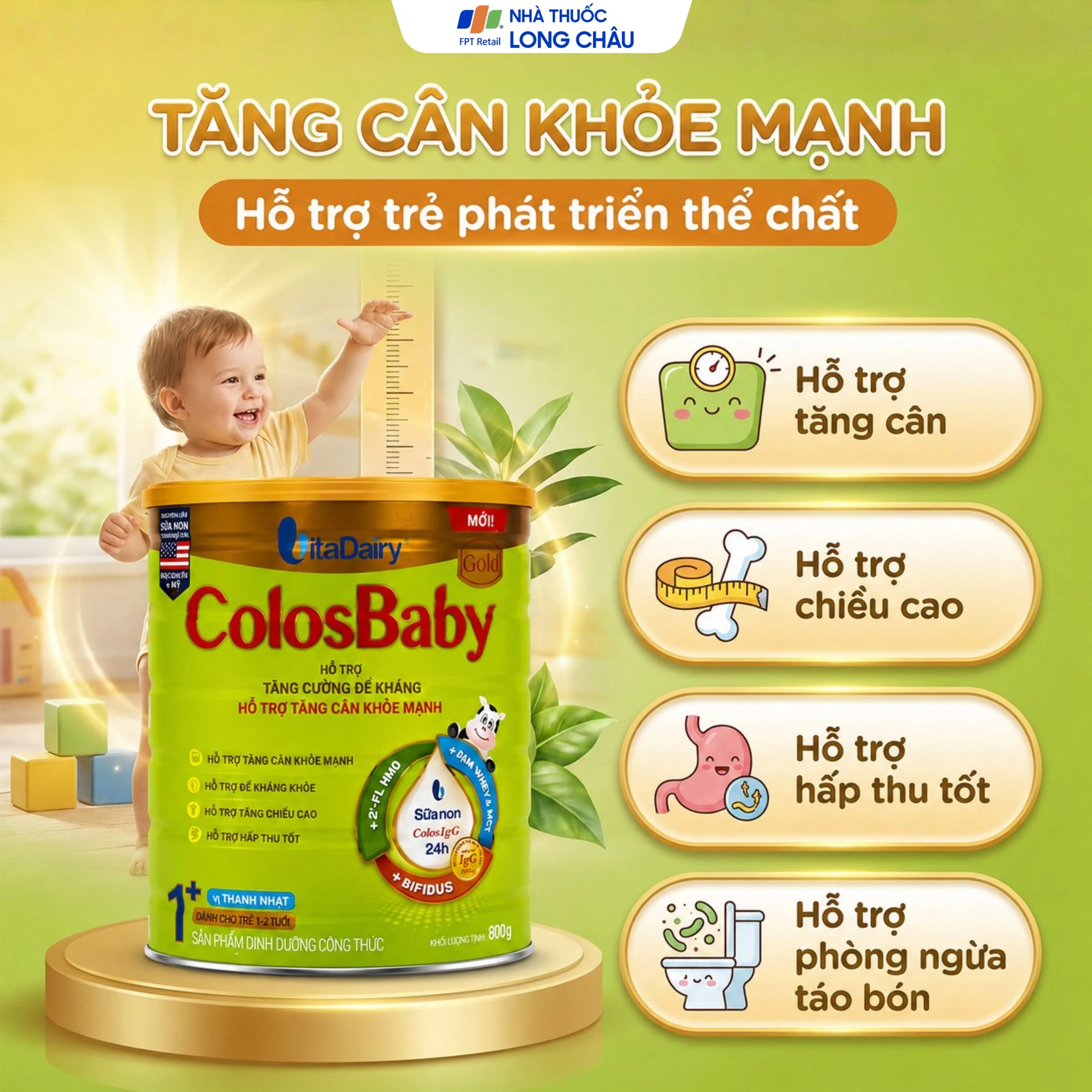 Hình ảnh Sữa hỗ trợ tăng cường đề kháng, tăng cân khỏe mạnh cho trẻ 1-2 tuổi Colosbaby gold 1+ Vitadairy (800g)