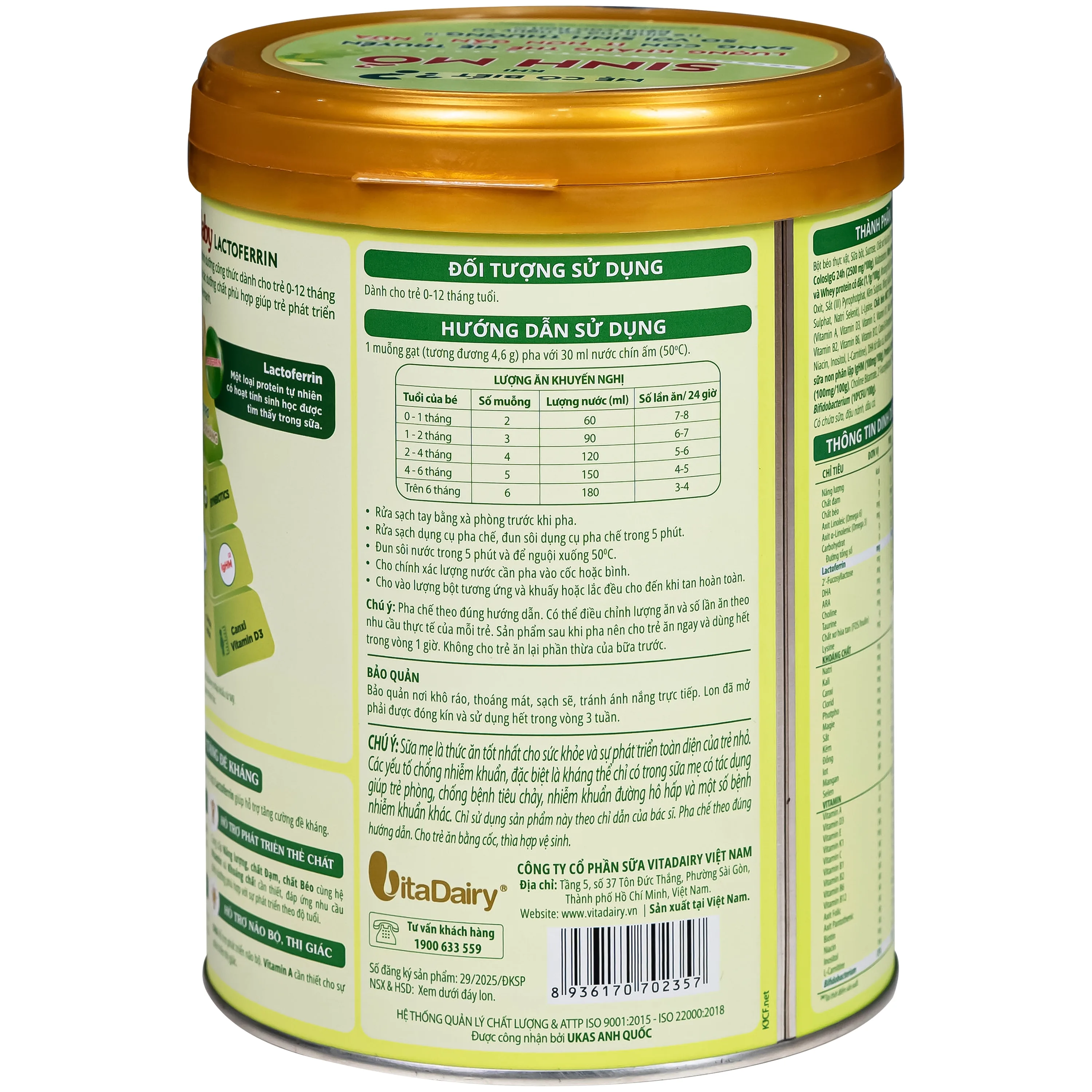 Hình ảnh Sữa hỗ trợ tăng đề kháng cho trẻ 0-12 tháng tuổi Colosbaby Lactoferrin 0+ Vitadairy (800g)