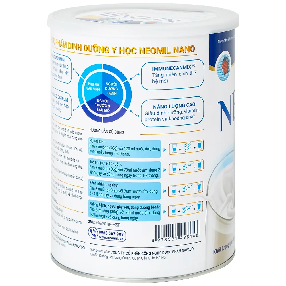 Hình ảnh Sữa bột Neomil Nano Nafaco 900g bổ sung dưỡng chất cho người sau phẫu thuật, dưỡng bệnh (900g)