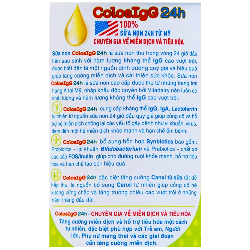 Hình ảnh Sữa ColosIgG 24h Vitadairy hỗ trợ tăng cường miễn dịch và tiêu hóa (60 gói x 1.5g)