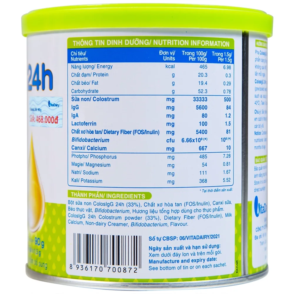 Hình ảnh Sữa ColosIgG 24h Vitadairy hỗ trợ tăng cường miễn dịch và tiêu hóa (60 gói x 1.5g)