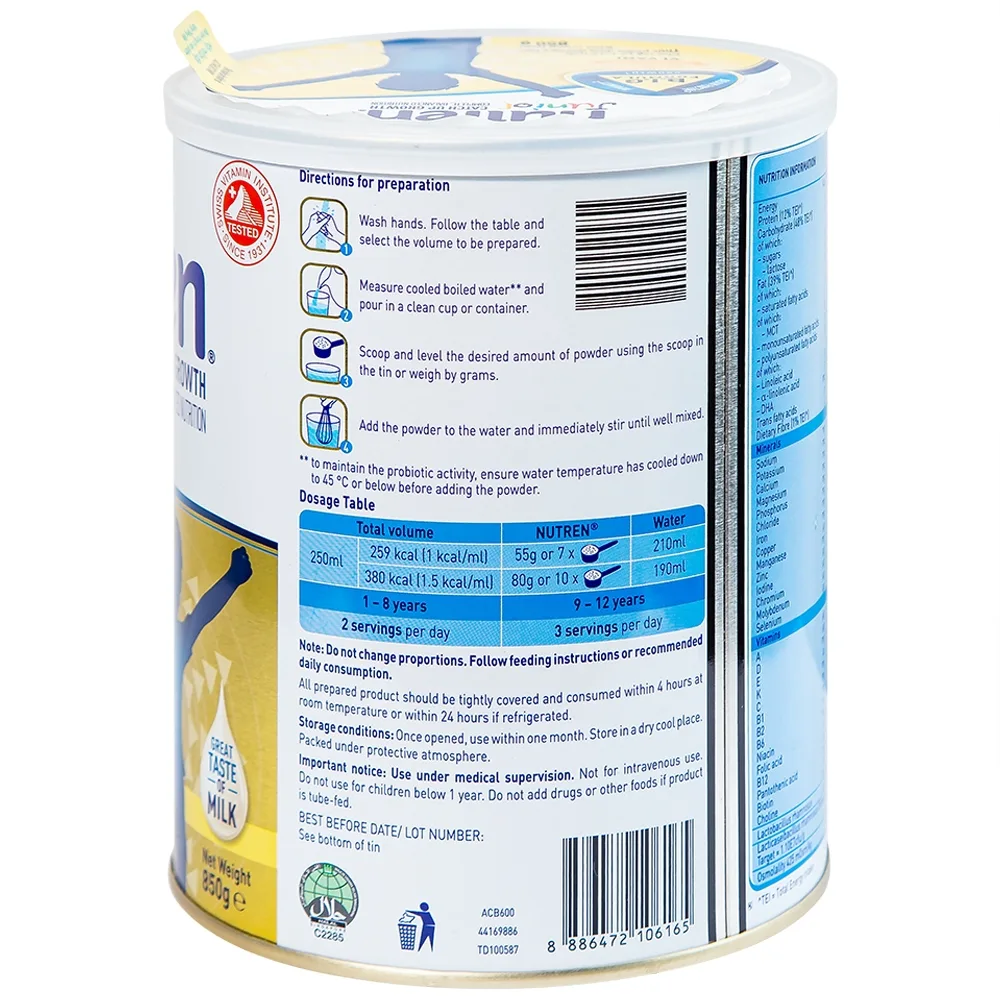 Hình ảnh Sữa bột Nutren Junior Nestlé hỗ trợ hệ tiêu hóa cho trẻ từ 1 đến 12 tuổi (850g)