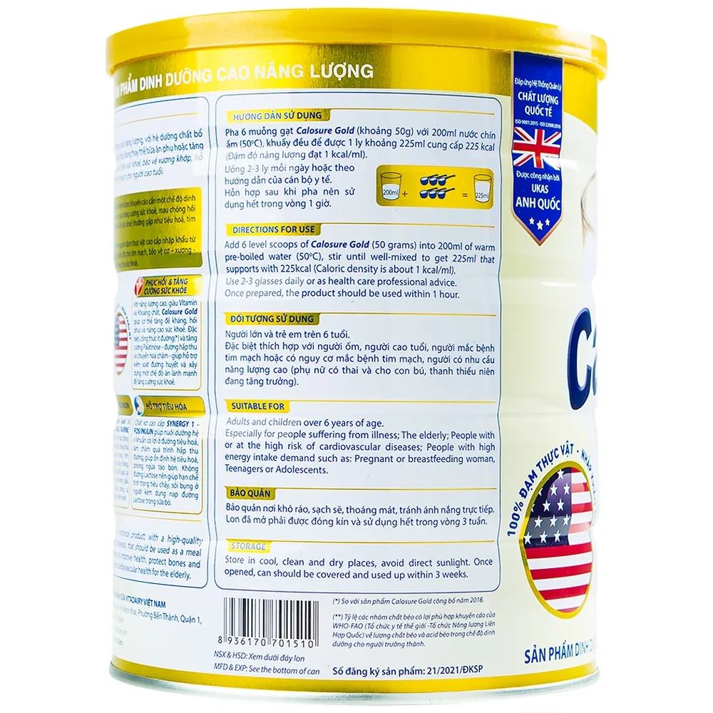 Hình ảnh Sữa bột CaloSure gold Vitadairy ít đường, tăng cường sức khỏe tim mạch, hồi phục sức khỏe (900g)