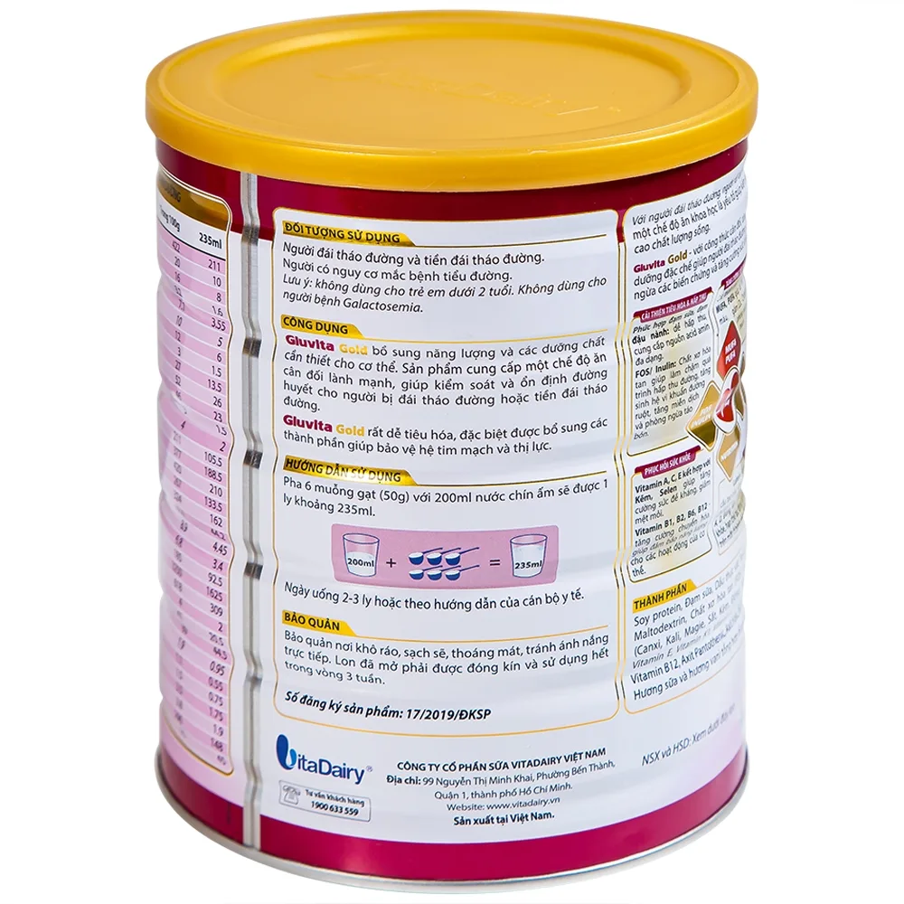 Hình ảnh Sữa bột Gluvita Gold Vitadairy bổ sung dinh dưỡng cho người đái tháo đường, tiền đái tháo đường (900g)