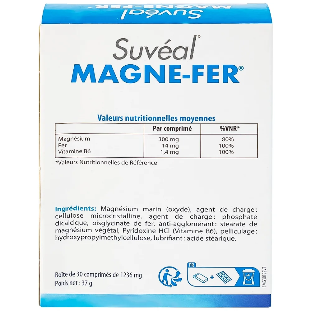 Hình ảnh Viên uống Suvéal Magne-Fer Densmore bổ sung magie, vitamin B6 và sắt cho cơ thể (3 vỉ x 10 viên x 37g)