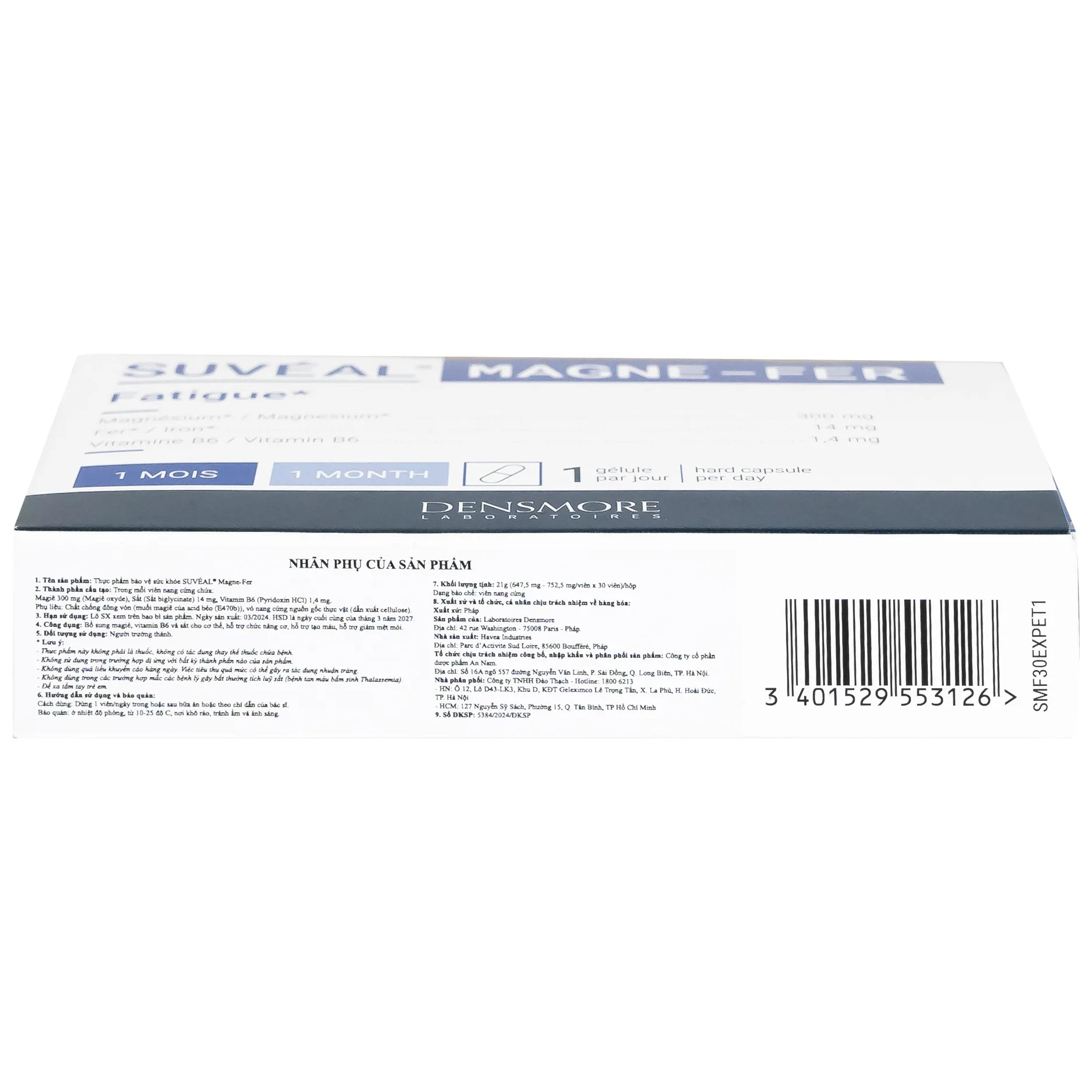 Hình ảnh Viên uống Suvéal Magne-Fer Densmore bổ sung magie, vitamin B6 và sắt cho cơ thể (2 vỉ x 15 viên)