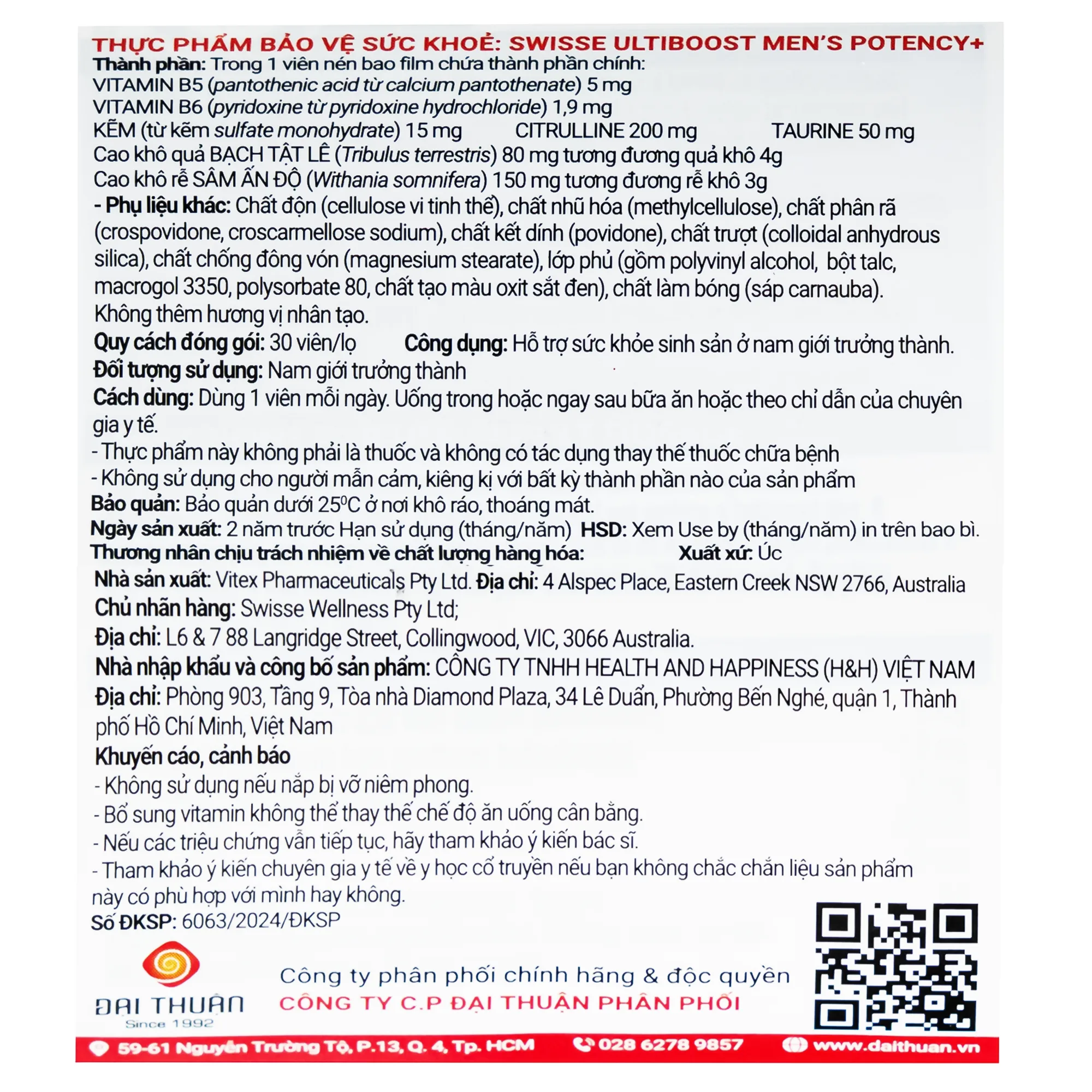 Hình ảnh Viên uống hỗ trợ sức khỏe sinh sản nam giới Men’s Potency+ Swisse (30 viên)