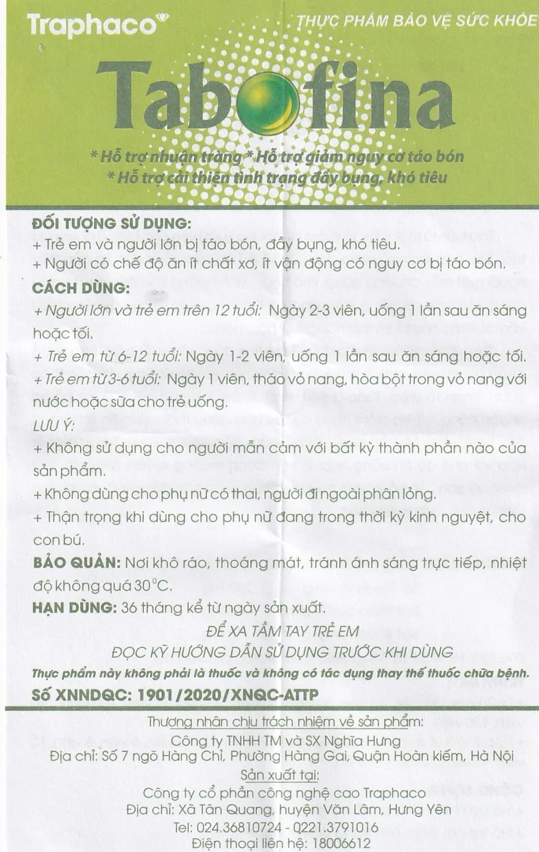 Hình ảnh Viên uống Tabofina Traphaco hỗ trợ nhuận tràng, giảm nguy cơ táo bón (3 vỉ x 10 viên)