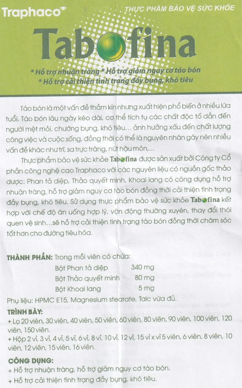 Hình ảnh Viên uống Tabofina Traphaco hỗ trợ nhuận tràng, giảm nguy cơ táo bón (3 vỉ x 10 viên)