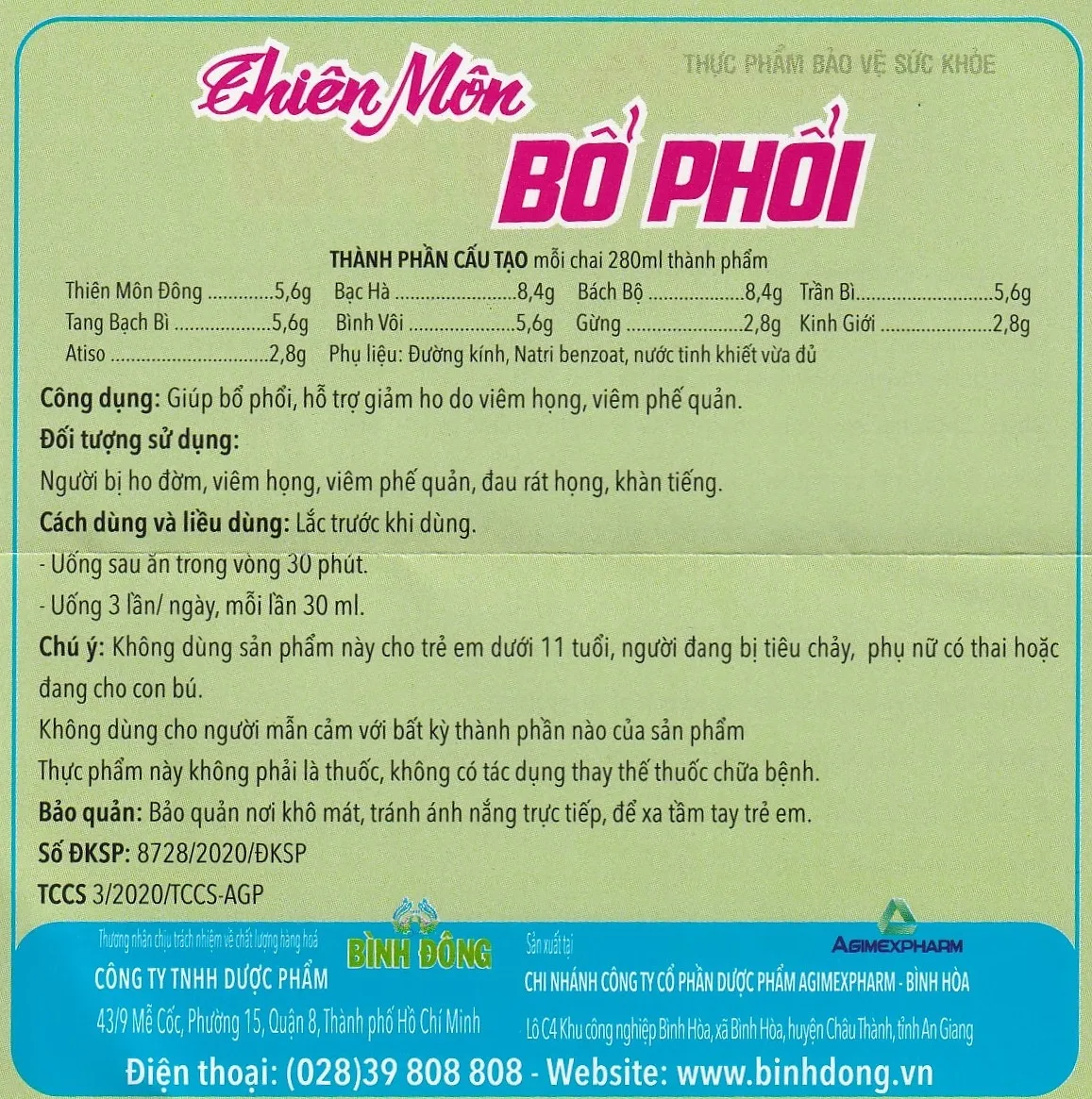 Hình ảnh Dung dịch Thiên Môn Bổ Phổi Bình Đông giúp giảm ho, bổ phổi (280ml)
