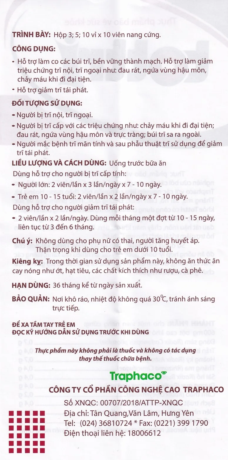 Hình ảnh Viên uống Tottri Traphaco hỗ trợ làm co các búi trĩ (3 vỉ x 10 viên)