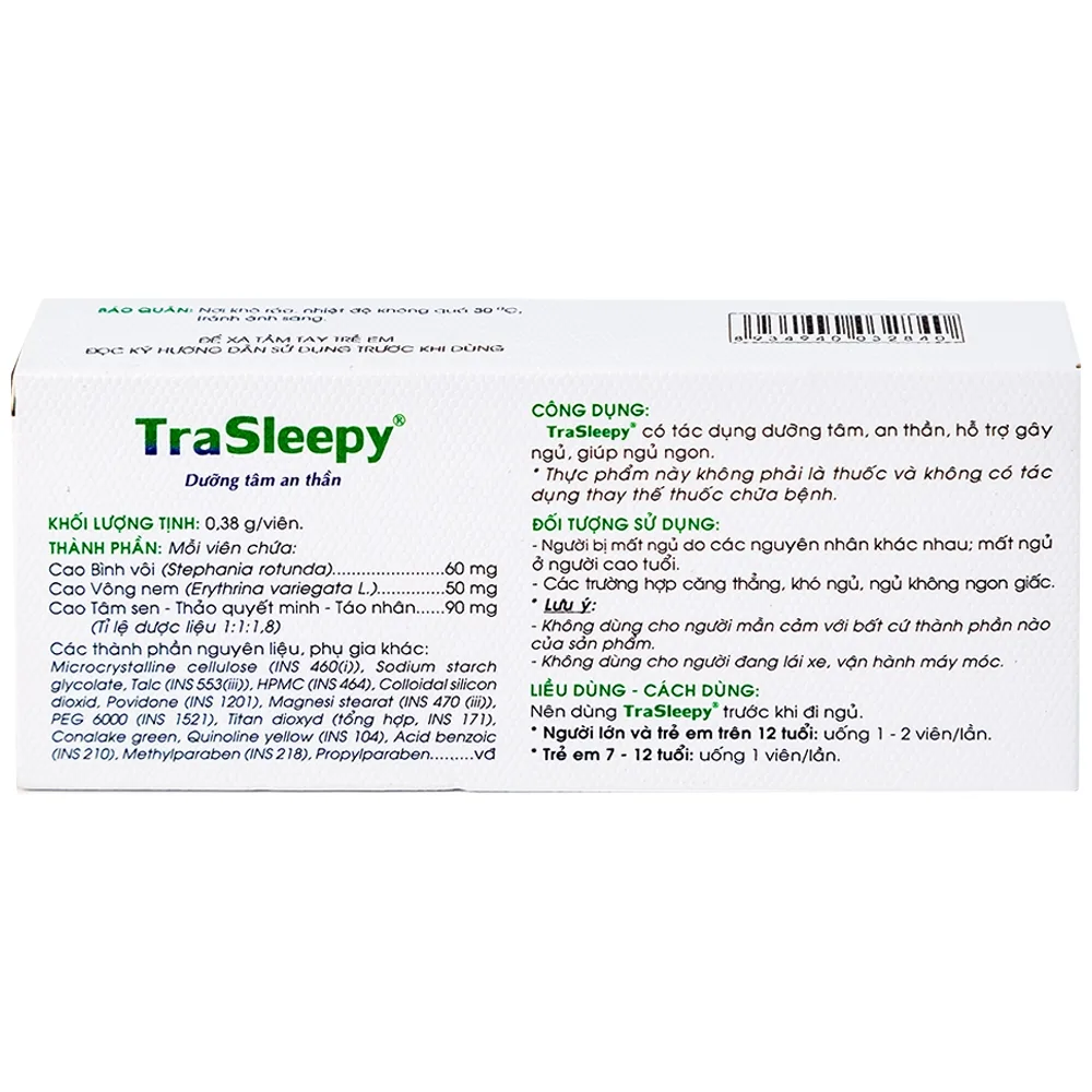 Hình ảnh Viên uống TraSleepy Traphaco dưỡng tâm an thần, hỗ trợ gây ngủ, giúp ngủ ngon (2 vỉ x 10 viên)